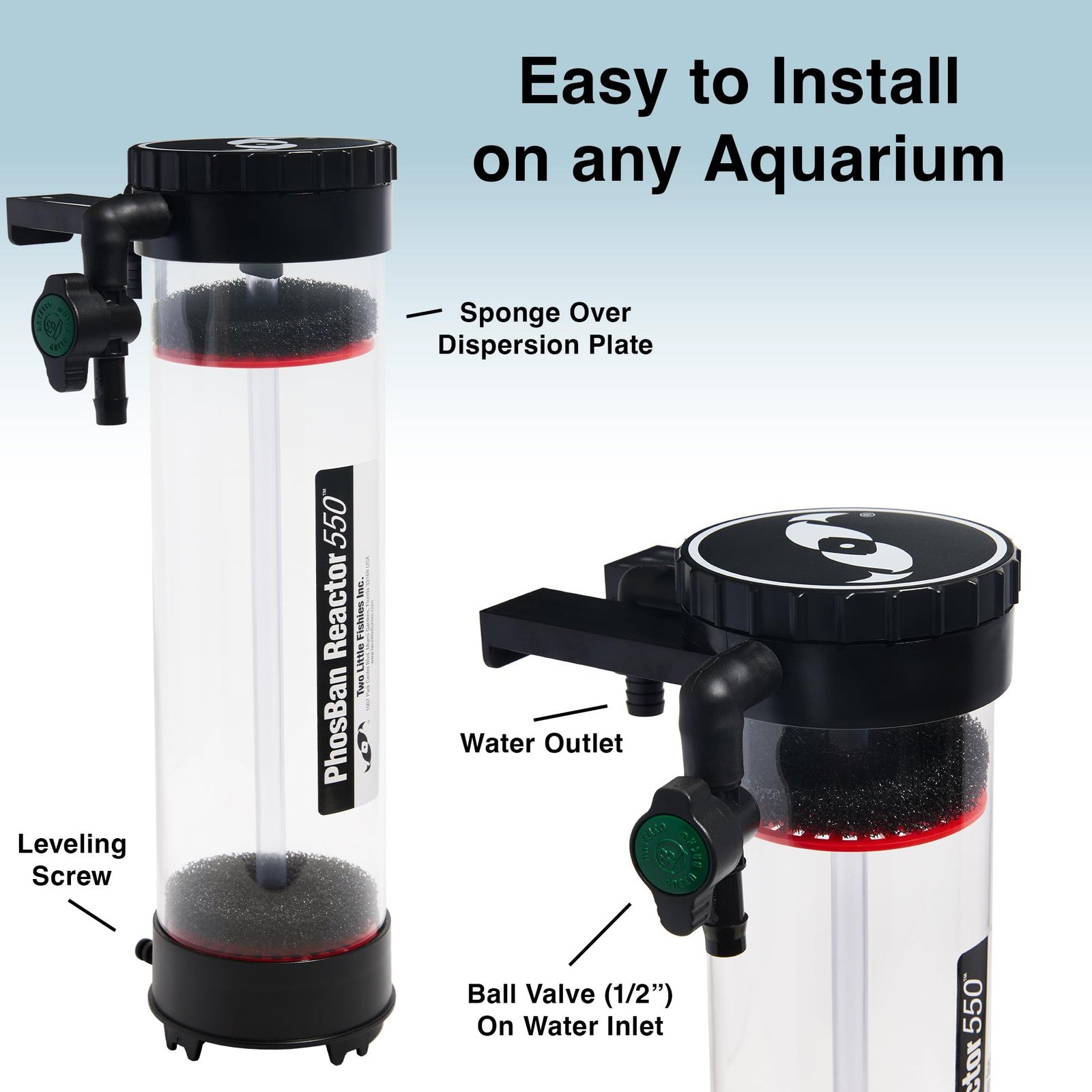 Two Little Fishies ATL PBR550 GFO Phosban Reactor for aquarium filtration, showing the reactor unit with hoses and fittings.