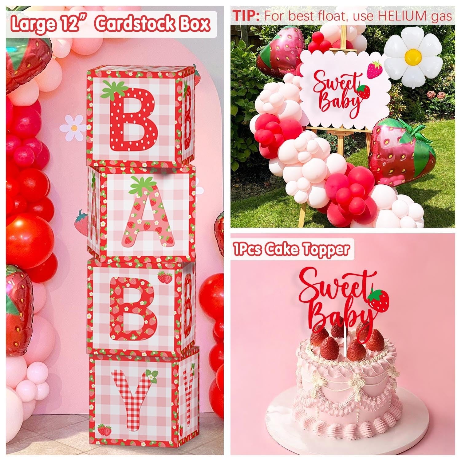 Lopeastar 114-piece strawberry baby shower decorations kit with balloons, boxes, arch banner, and sash arranged for celebration.