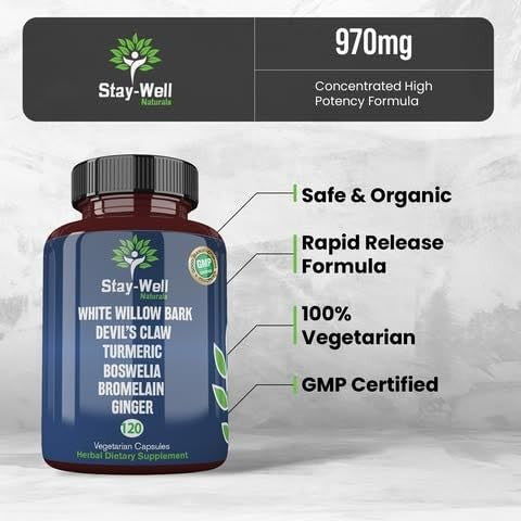 Bottle of Stay-Well Naturals Pain Relief supplement with White Willow Bark, Devil's Claw, and Turmeric ingredients.