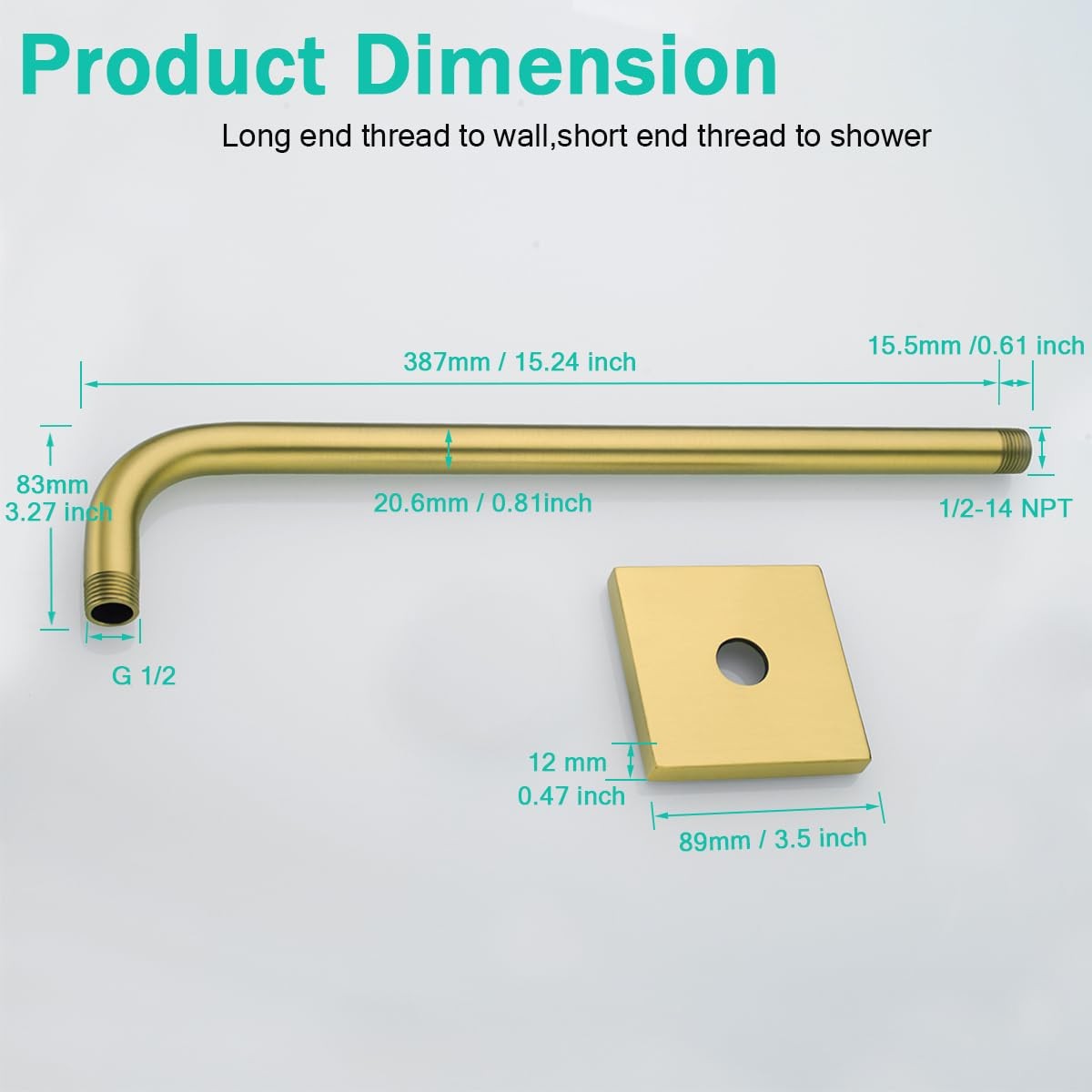 Stainless steel SEABEFORE 16-inch wall-mounted shower arm with flange, showing the sleek, polished finish and mounting hardware.