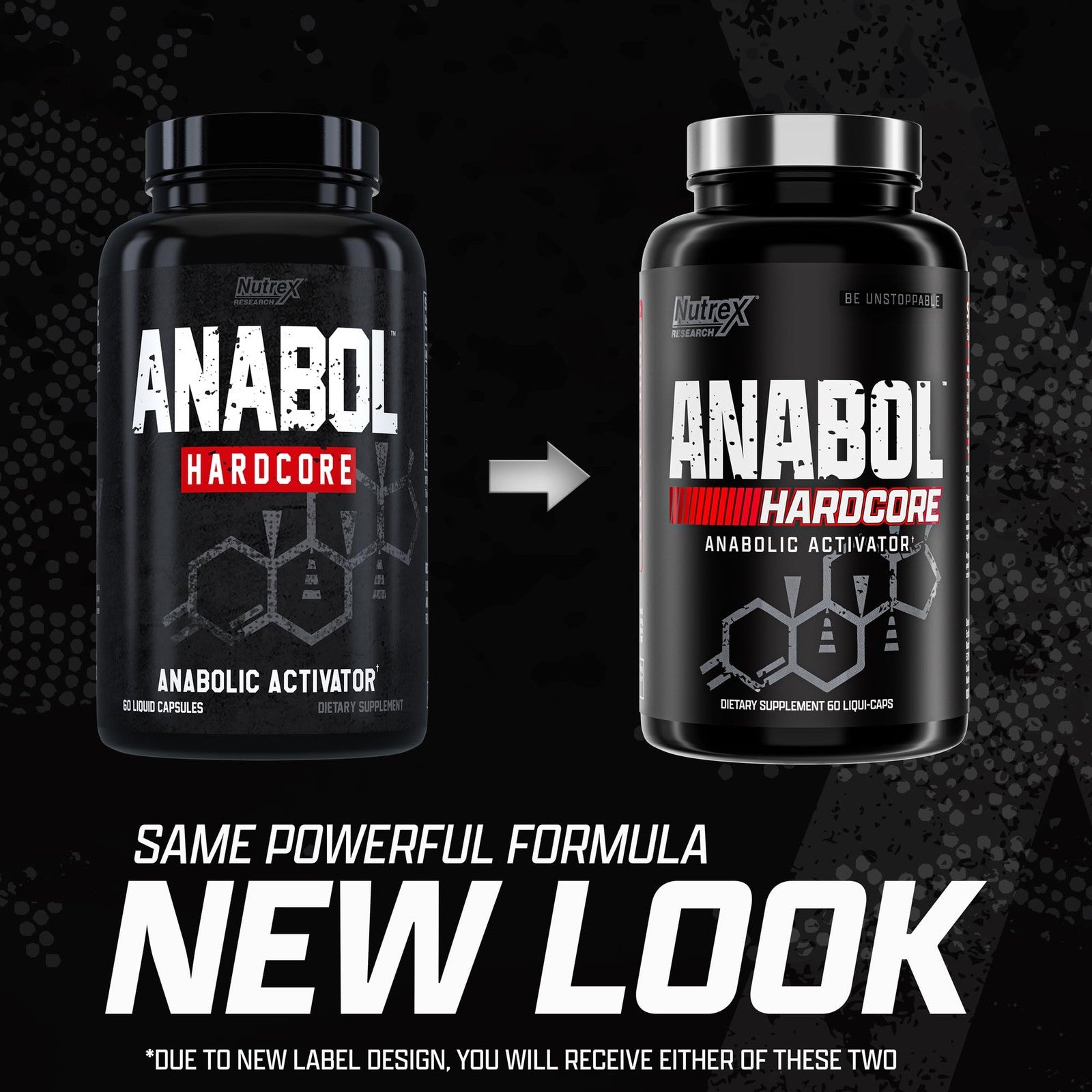 Close-up of Nutrex Research Anabol Hardcore muscle builder and hardening supplement container with label details.
