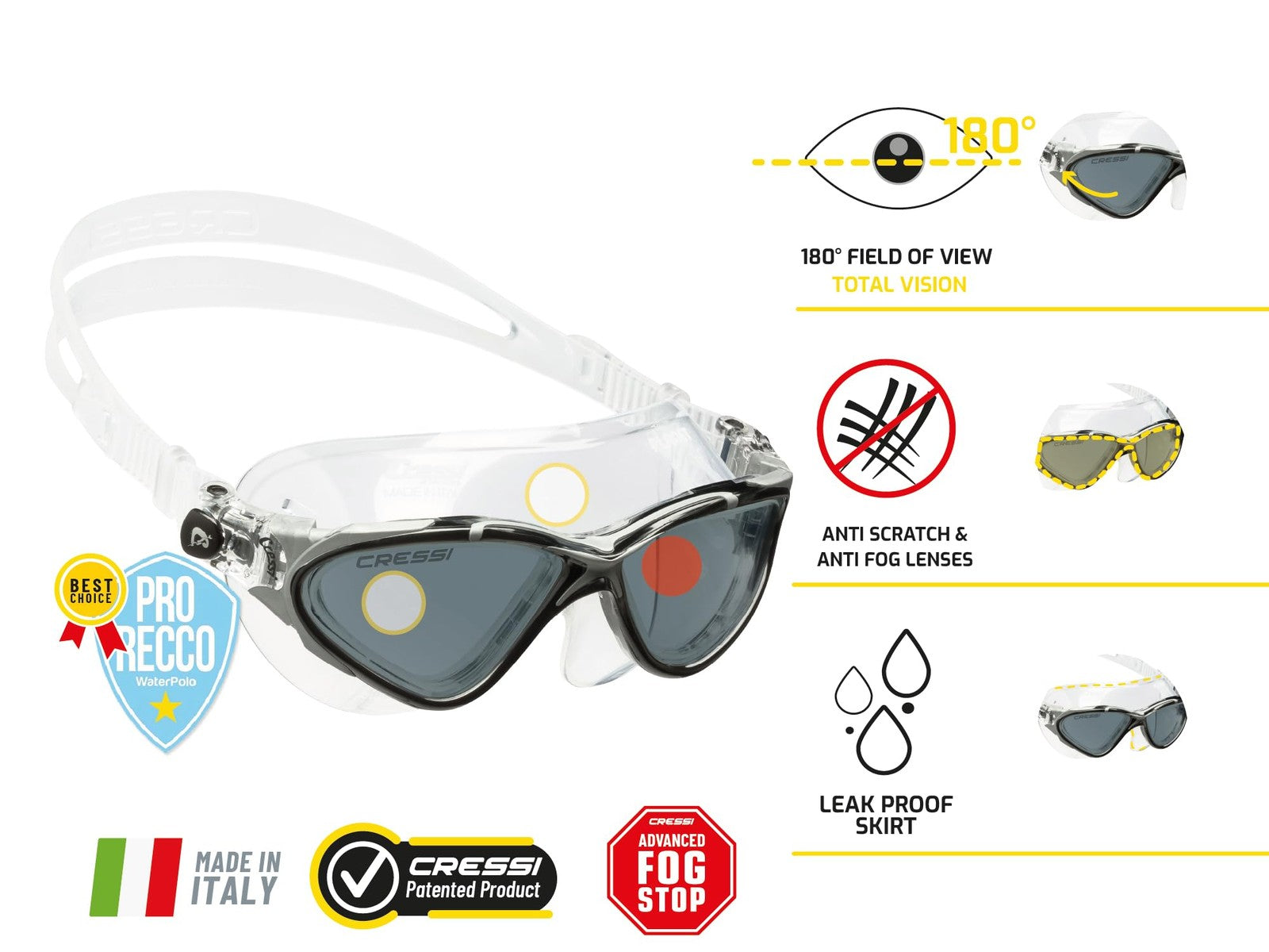 Cressi Planet swim goggles with clear and black frame, silver smoked lenses, designed for comfortable swimming and underwater visibility