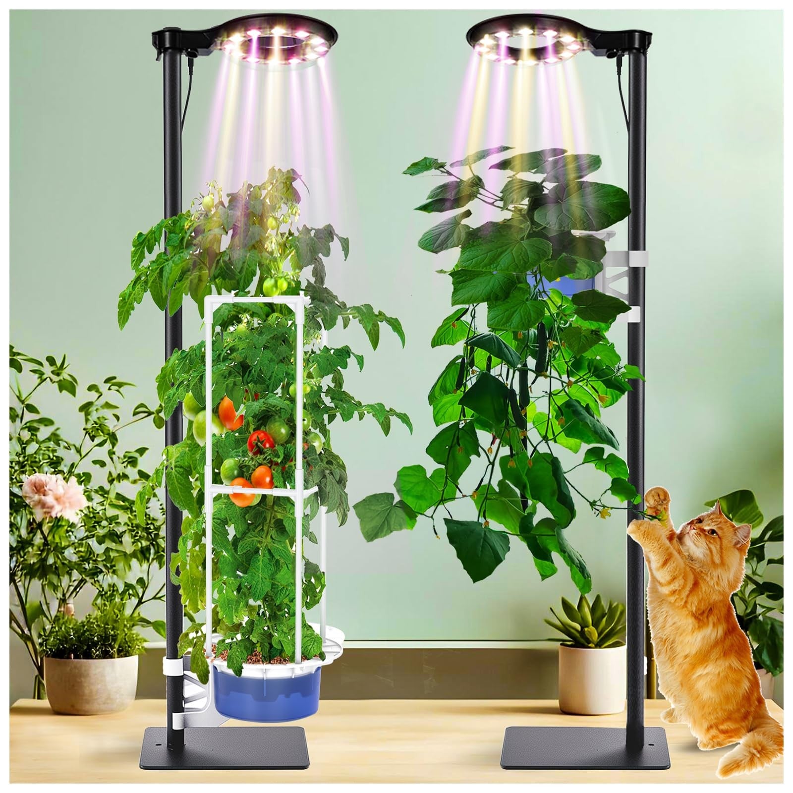 E SUPEREGROW indoor hydroponic plant tower kit with grow light for herbs and vegetables, featuring multiple plant pots and nutrient solution