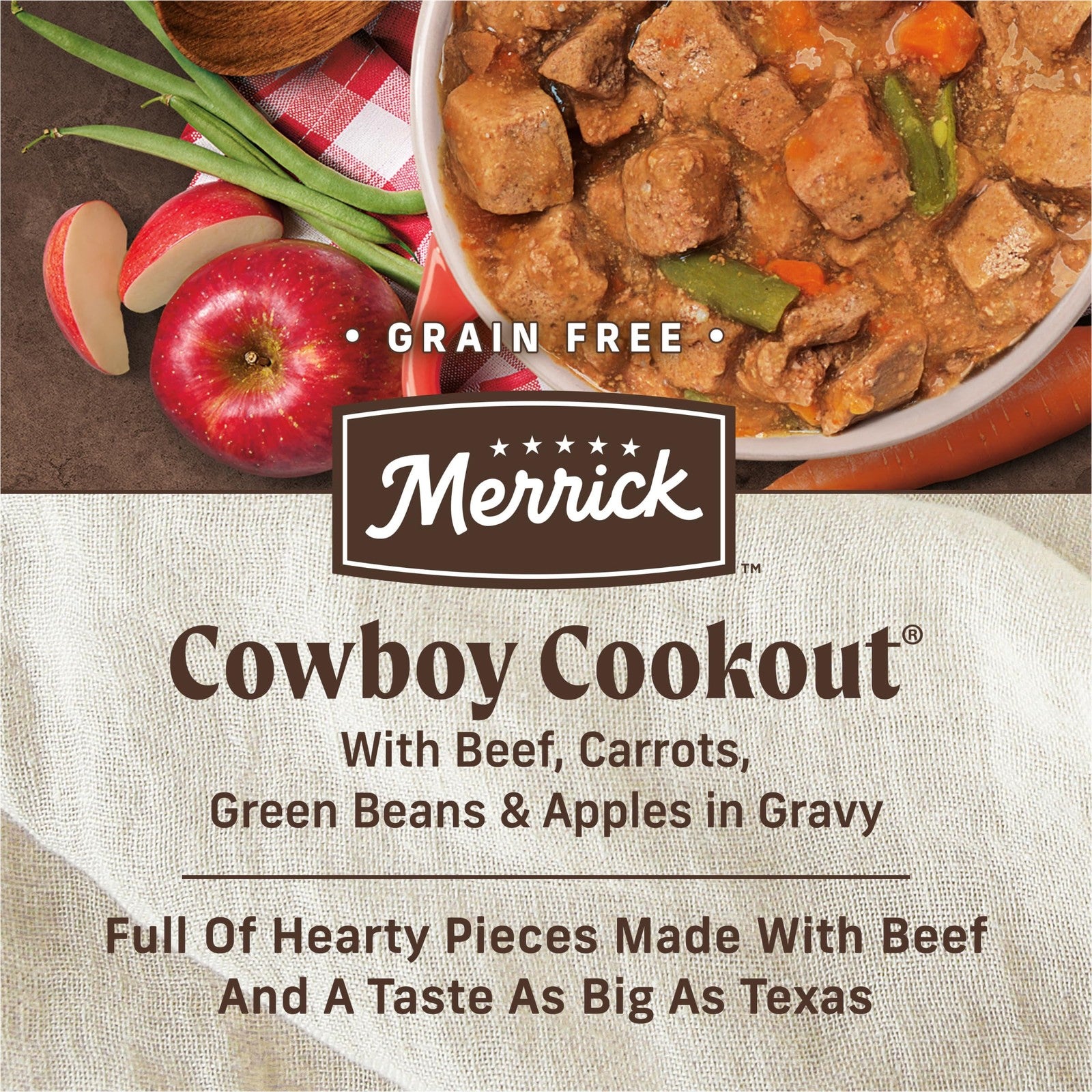 Merrick Grain Free Wet Dog Food Cowboy Cookout with deboned beef in 12 cans, showing the canned dog food and label.