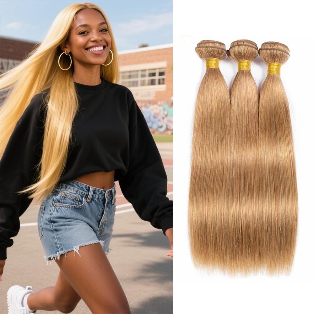Biliisyff honey blonde human hair color #27 straight bundles with double weft weave, natural silky texture and full length.