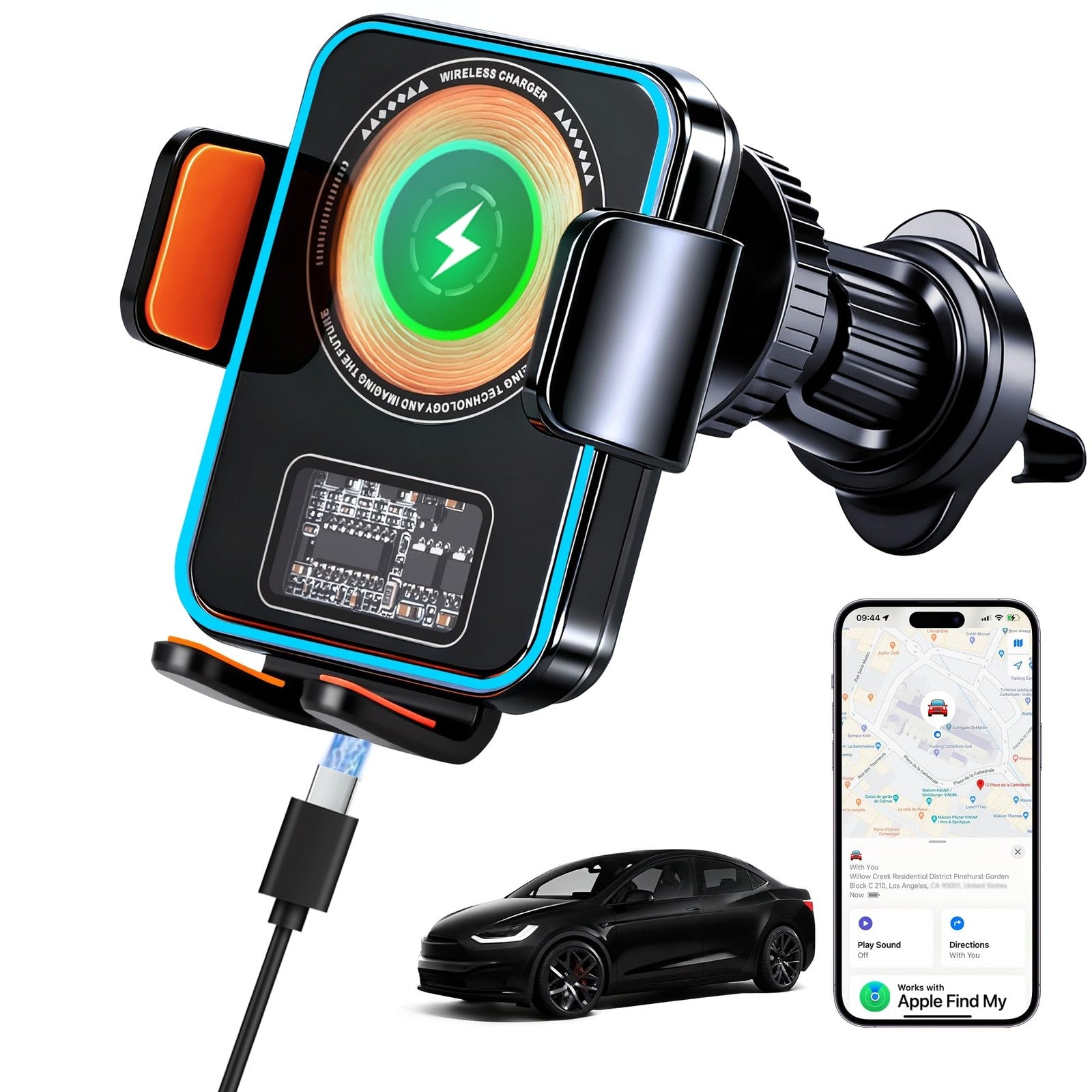 Gudluky 15W fast wireless car charger with built-in Air Tracker Tag GPS for iOS devices, shown mounted in a vehicle.