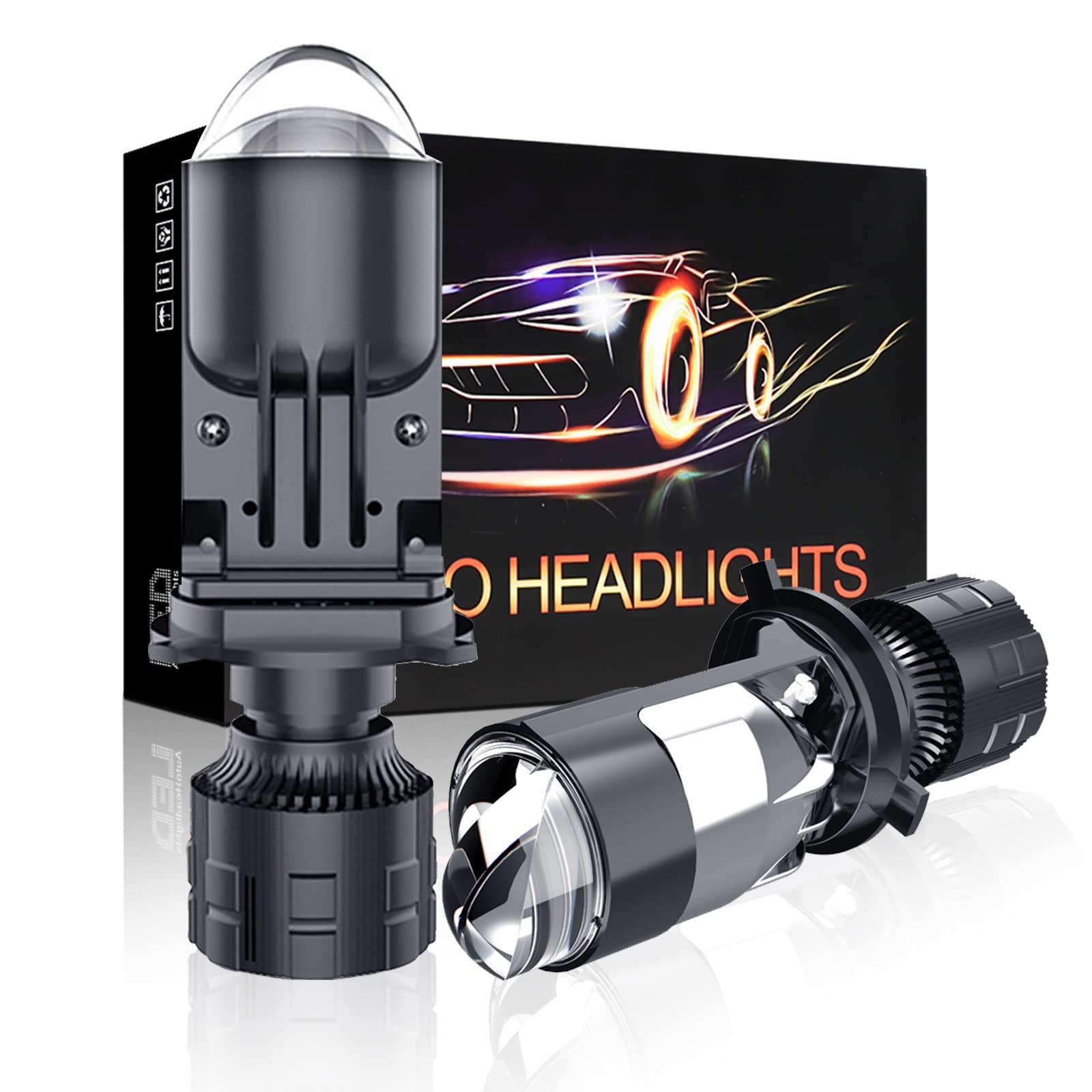 HDYEGIOU H4 headlight bulbs with 30,000 lumens brightness, 6000K white color, and hi-lo beam function in a close-up view