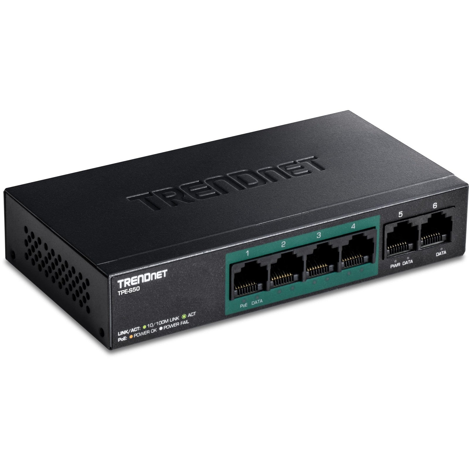 TRENDnet 6-port Fast Ethernet PoE+ switch TPE-S50 with 60W PoE budget, NDAA compliant, showing front view with ports and LED indicators.