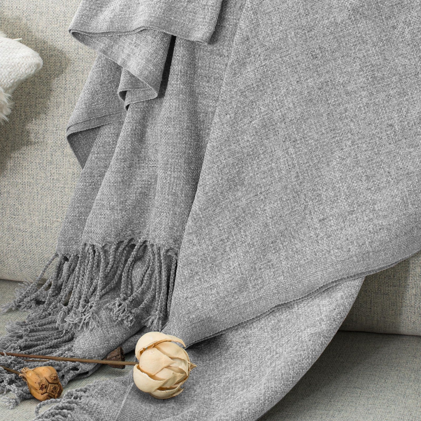 GINAMUSE chenille throw blanket with tassels, 60x88 inches, soft and lightweight for couch comfort.