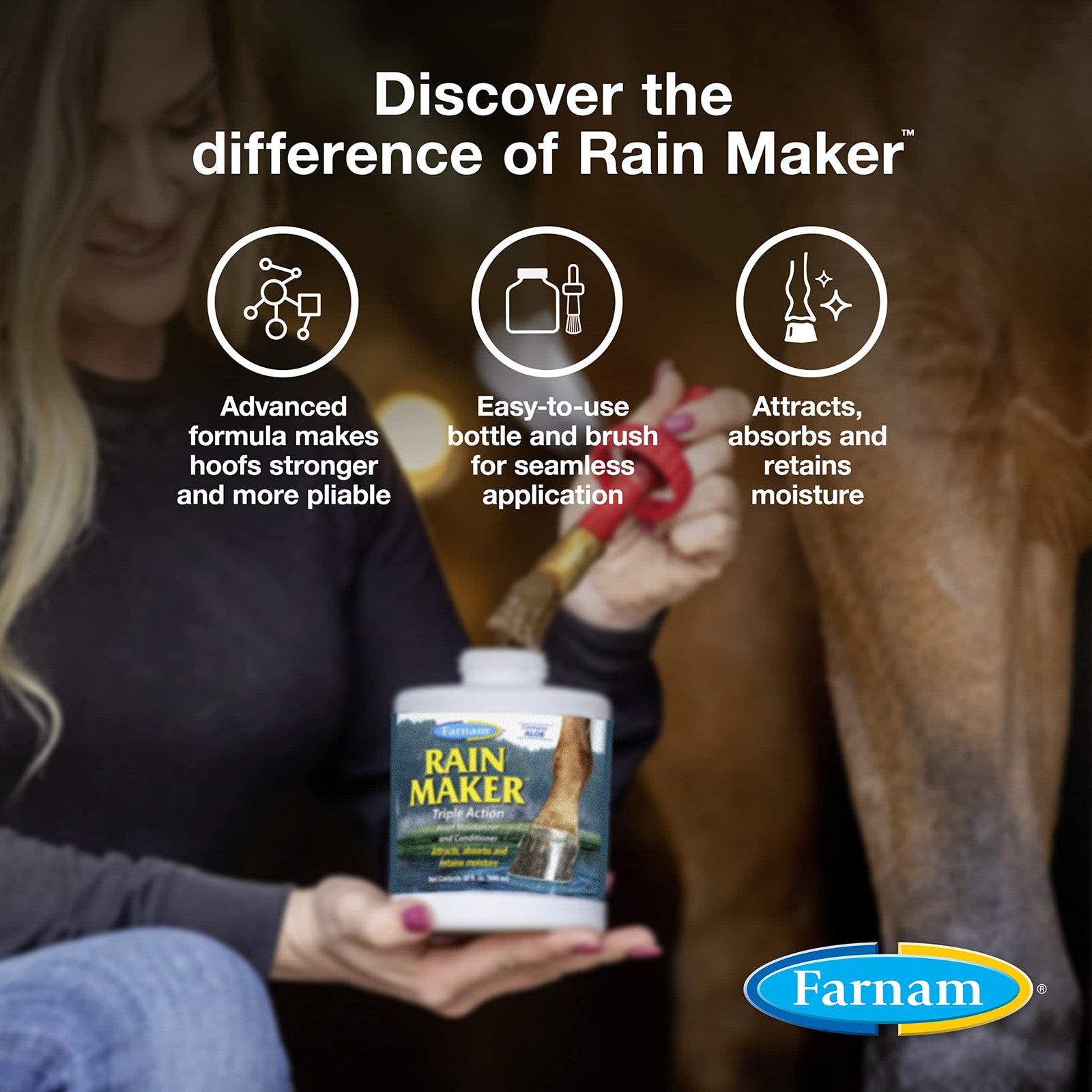 Farnam Rain Maker Triple Action Hoof Oil for horses in 32 oz bottle, moisturizing and conditioning horse hooves.