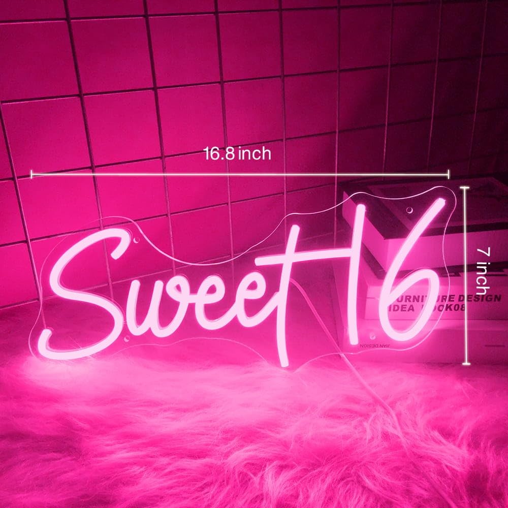 Neooglroad 16.8-inch Sweet 16 neon sign with USB power and dimmer switch, perfect for 16th birthday party decorations.