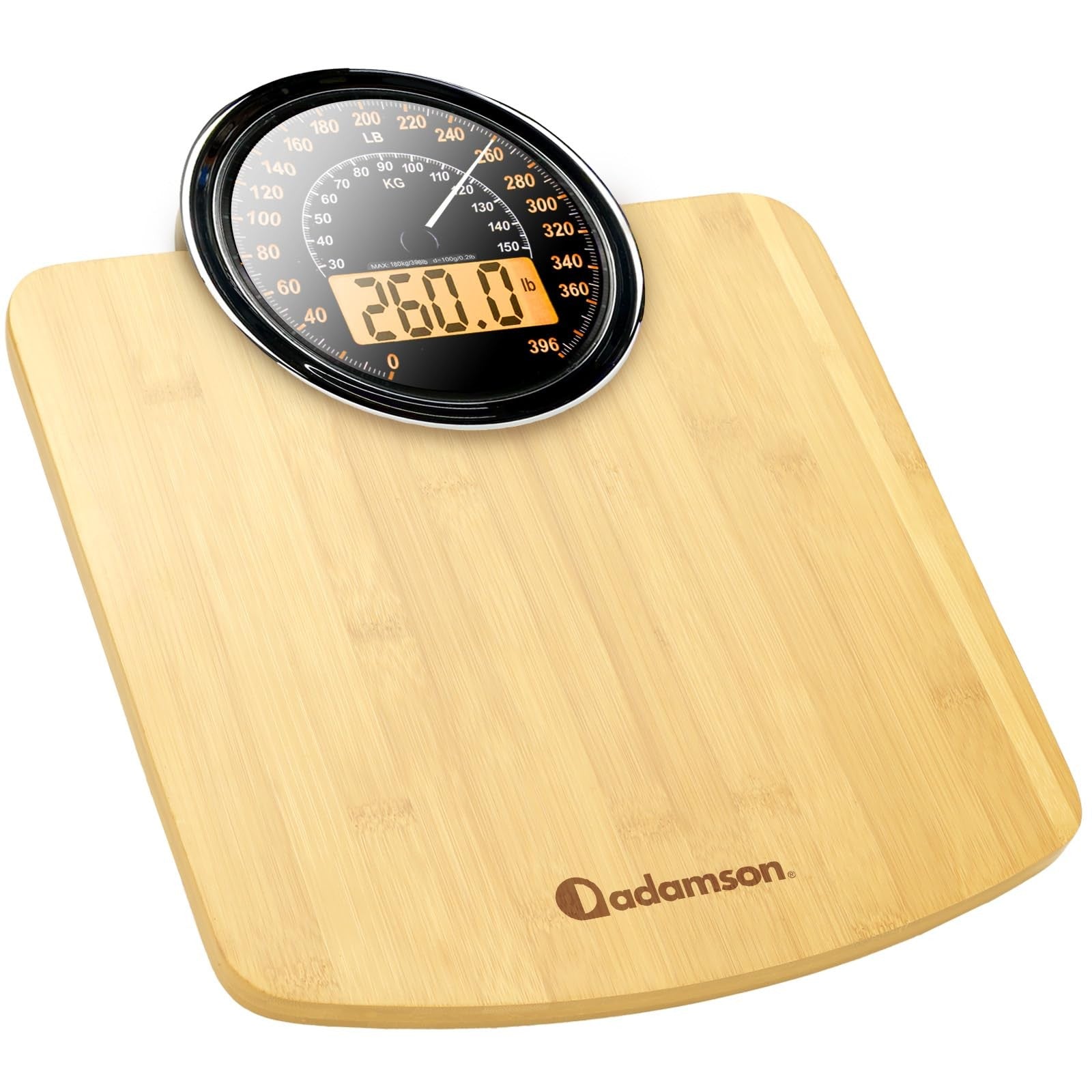 Adamson Hybrid 2-in-1 analog and digital weighing scale showing body weight up to 400 lbs on a bathroom floor.