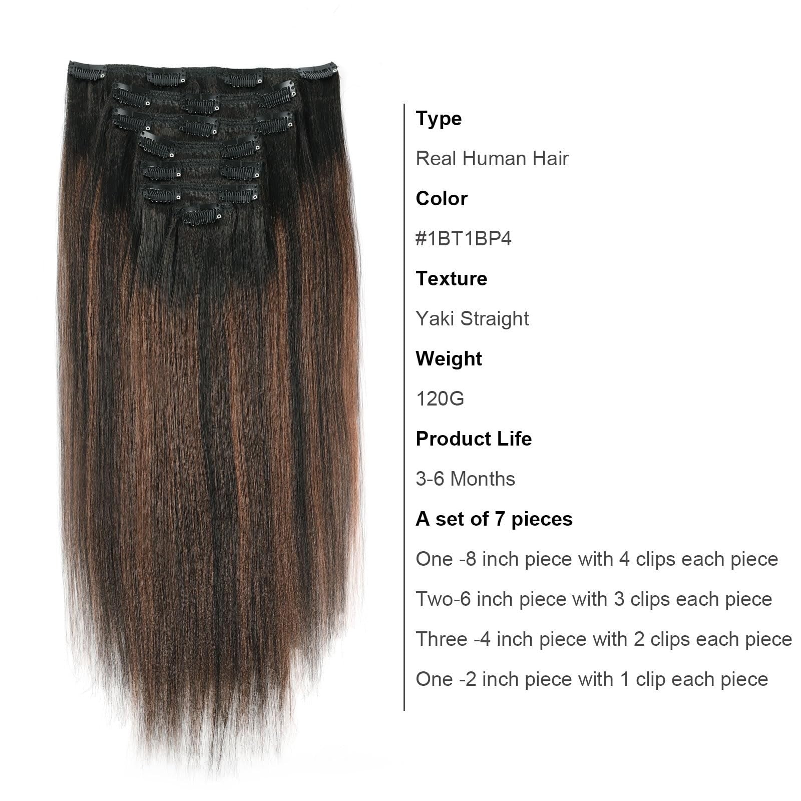 ABH AmazingBeauty Hair Yaki Straight clip-in hair extensions in rooted black and natural black with a sleek piano finish.