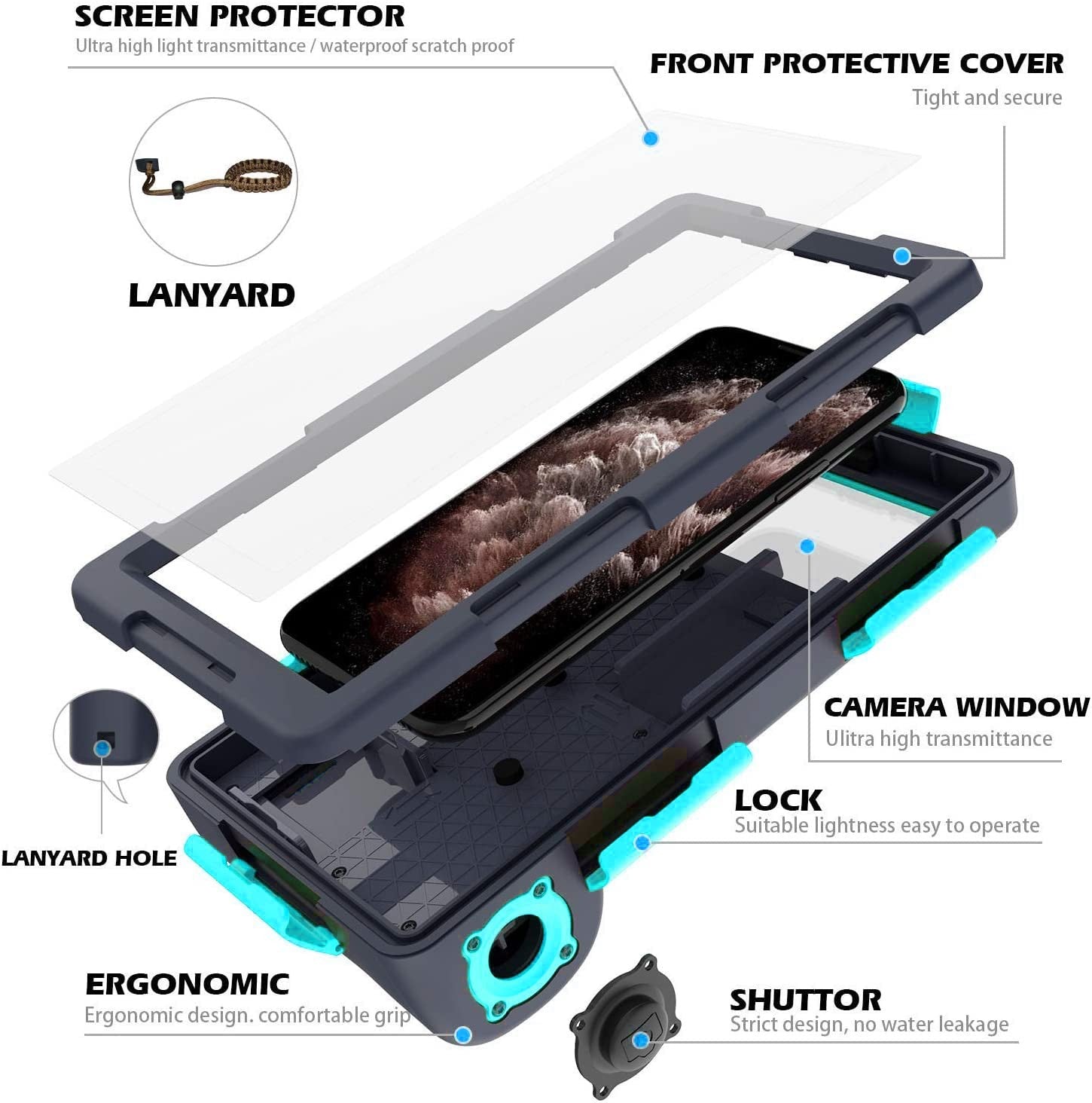 Nisso waterproof diving phone case for iPhone 17, 16, 15, 14, 13, shown on a smartphone with a transparent design.