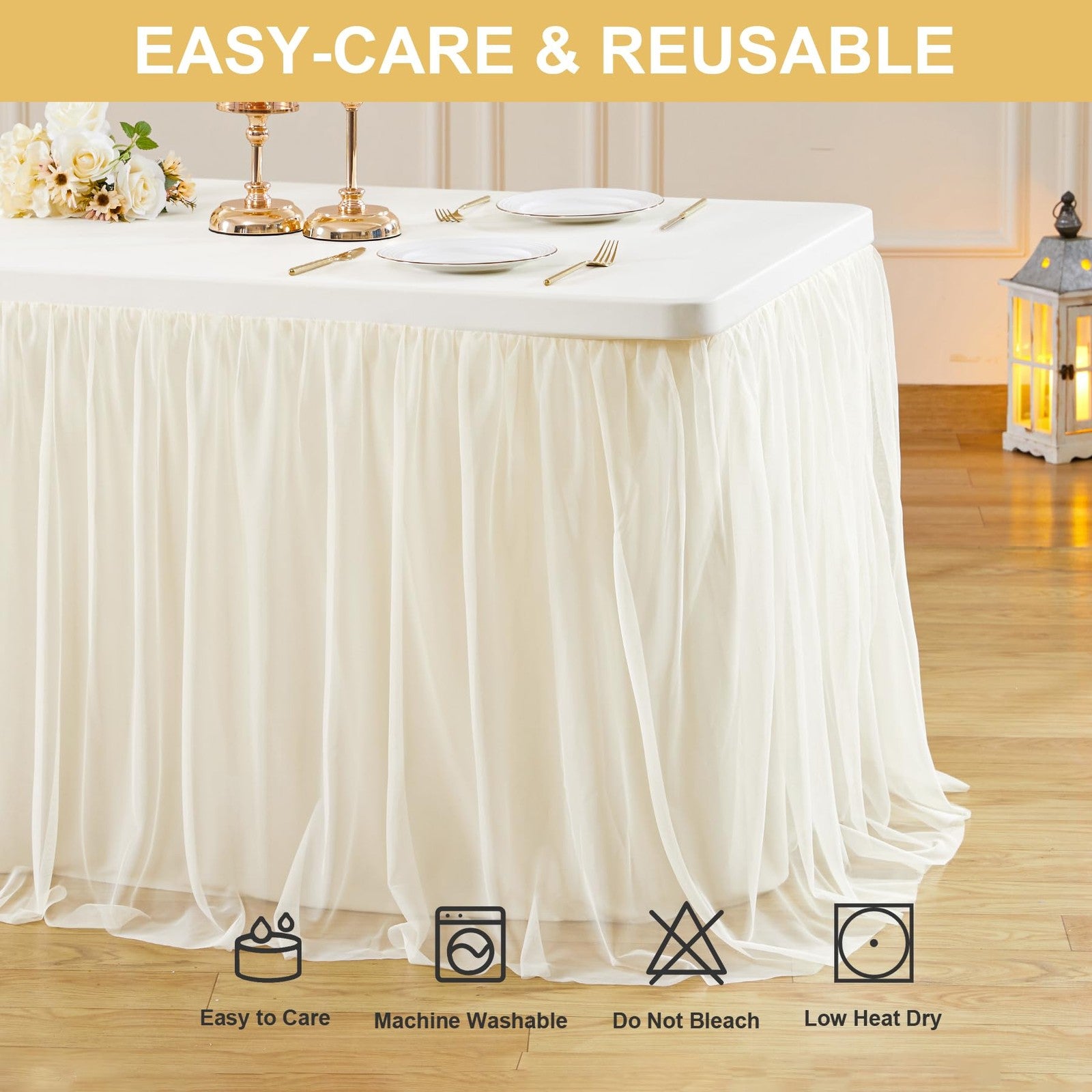 Ivory tulle tablecloth for 8-foot rectangle tables, stretch fit, shown on a table with decorative setting, unbranded Wish Care 2-pack.
