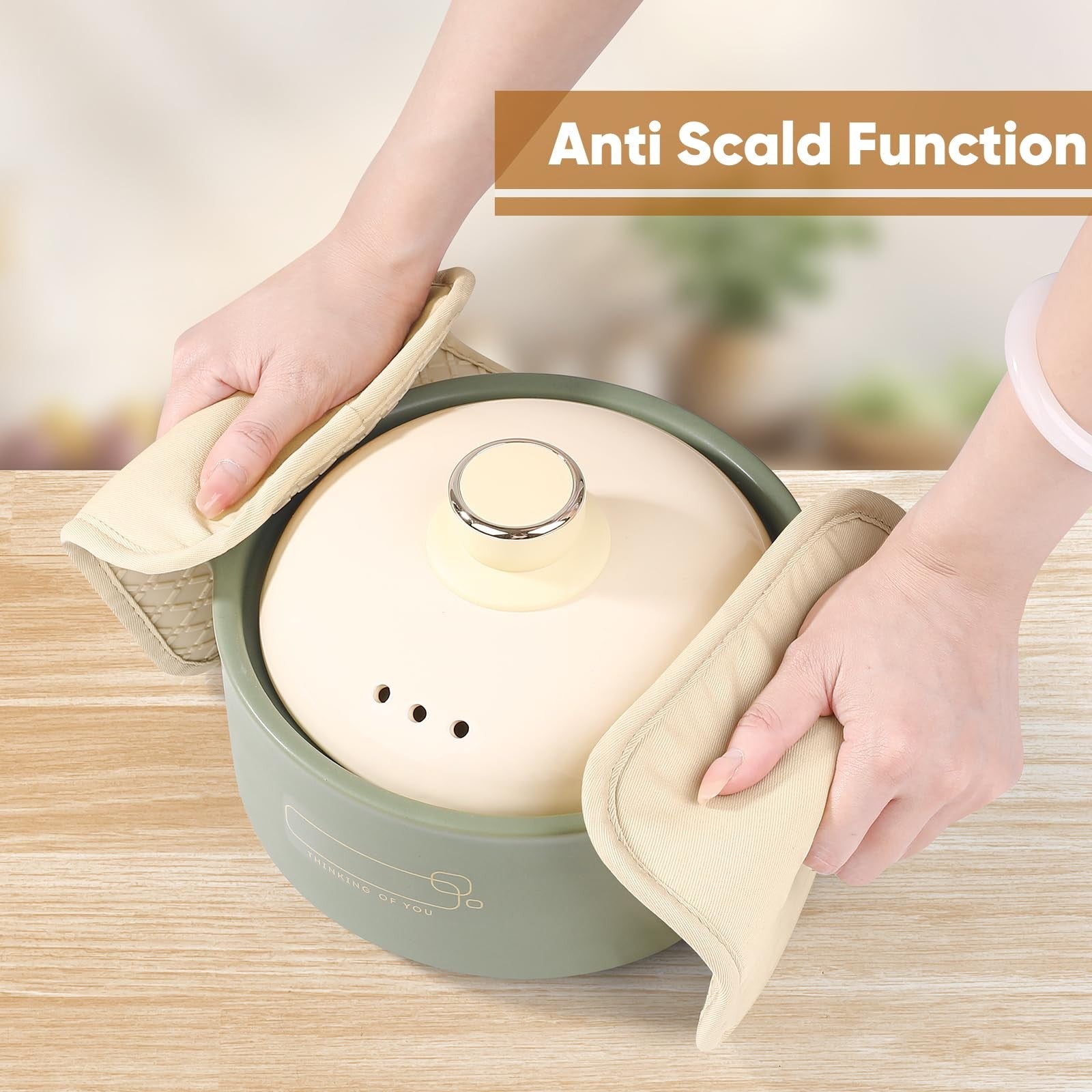 HULOSAN silicone oven mitts and pot holder set with 100% cotton kitchen towels for oven and cookware protection.