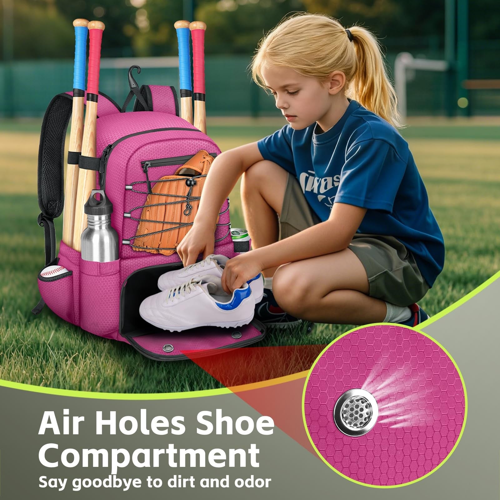 MATEIN youth softball backpack with space for 4 baseball bats, shoe compartment, lightweight design, suitable for young athletes