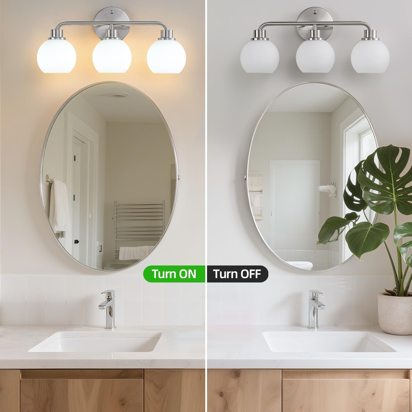 Watyo brushed nickel bathroom vanity light fixture with three wall sconces and modern design, mounted on a white bathroom wall.