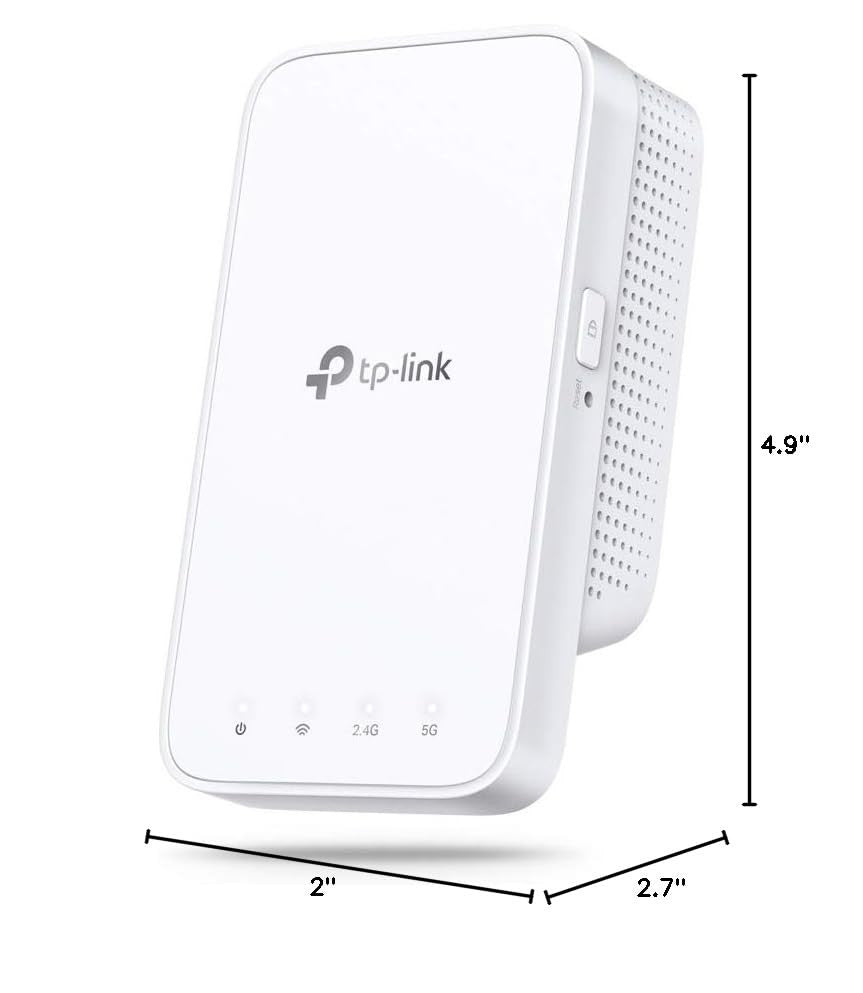 TP-Link AC1200 WiFi Extender RE300 showing a sleek black device with indicator lights, designed to boost home WiFi coverage.