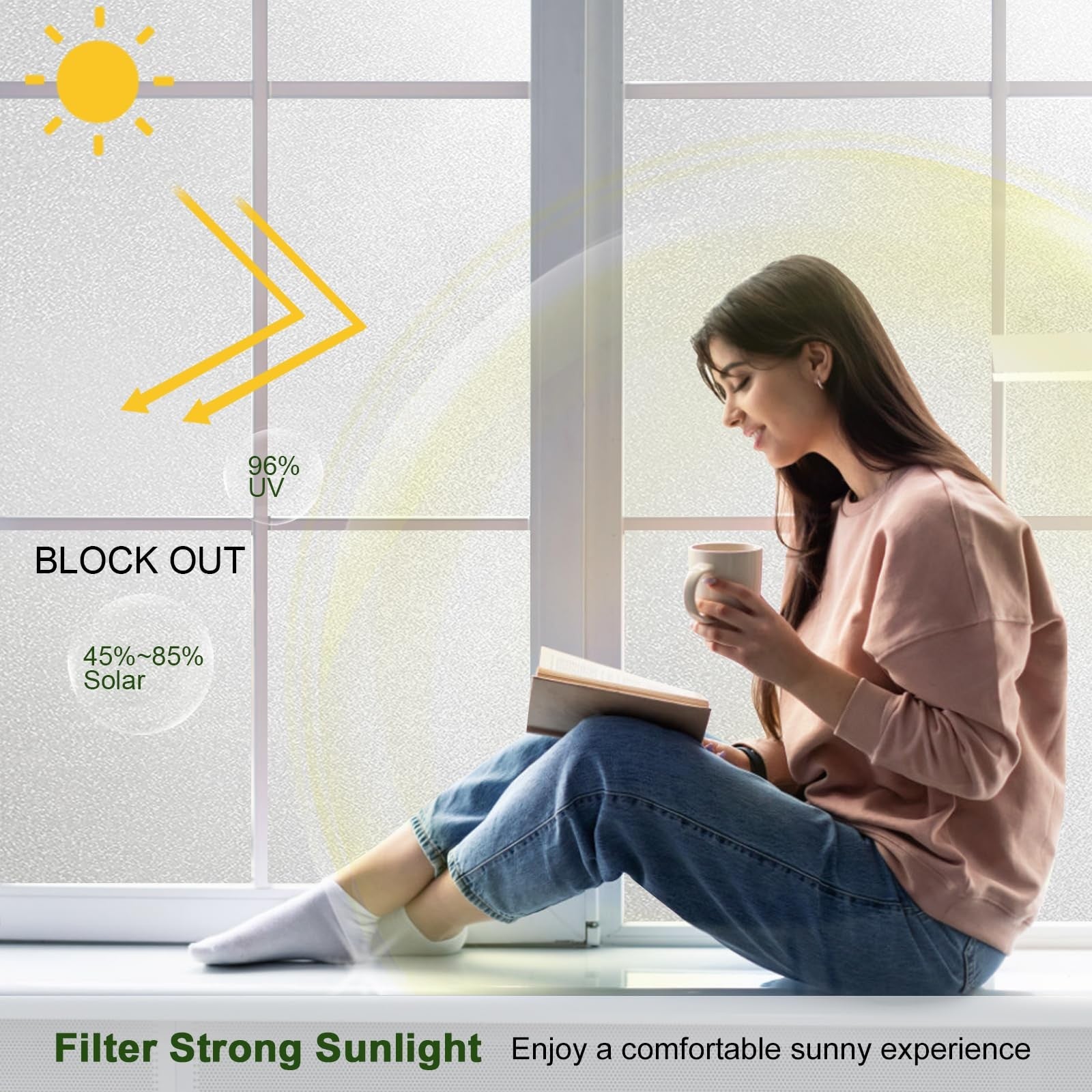 Shackcom frosted glass window film in two rolls, 45.2 x 118 inches, for bathroom and window privacy and decor.