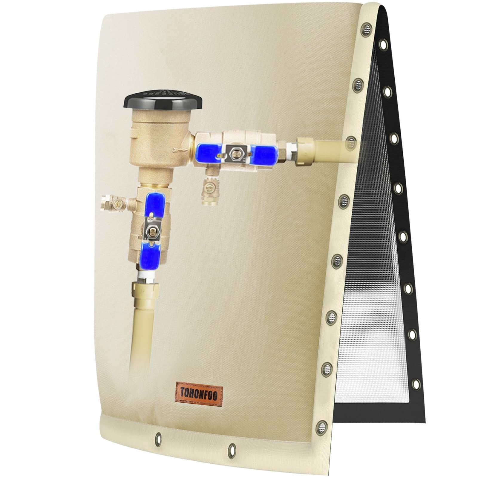 TOHONFOO 2-Way Opening Backflow Preventer Pipe Insulation Cover for irrigation sprinkler systems, showing insulation and pipe connection.