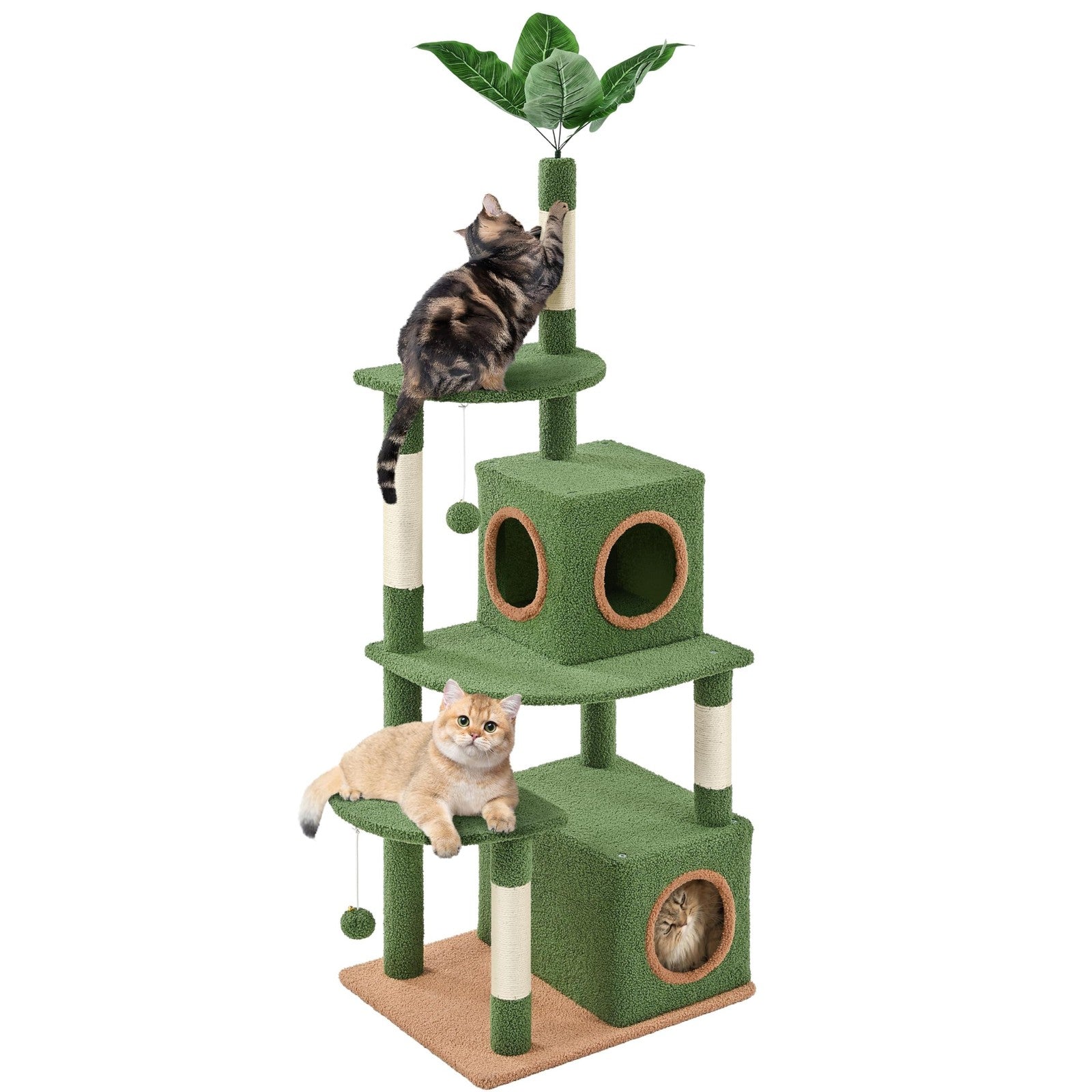 Yaheetech 59-inch green cactus-shaped cat tree with palm leaf design, featuring double-level condo and spacious platforms for cats.