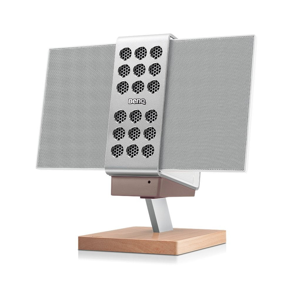 BenQ treVolo stand in cherry wood for portable Bluetooth speakers, showcasing the sleek wooden design and compatibility.