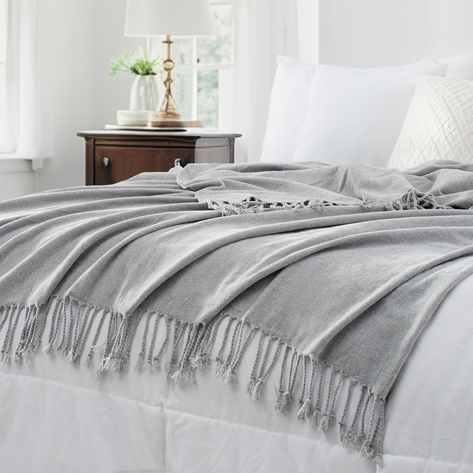 GINAMUSE chenille throw blanket with tassels, 60x88 inches, soft lightweight cozy blanket for couch decor