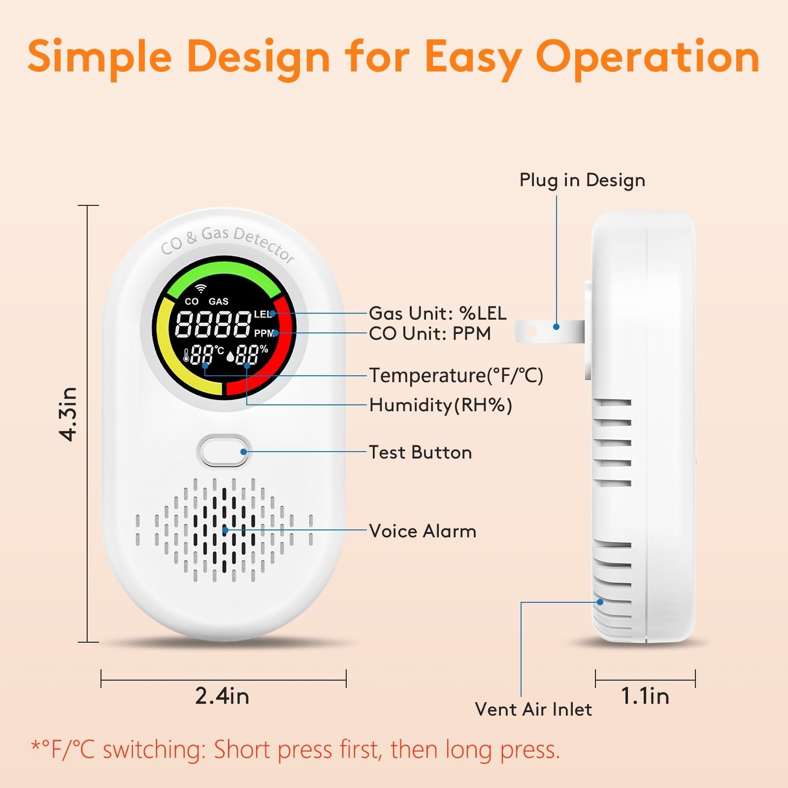 Zealme 4-in-1 carbon monoxide and natural gas leak detector with digital display and safety sensors in a modern design.