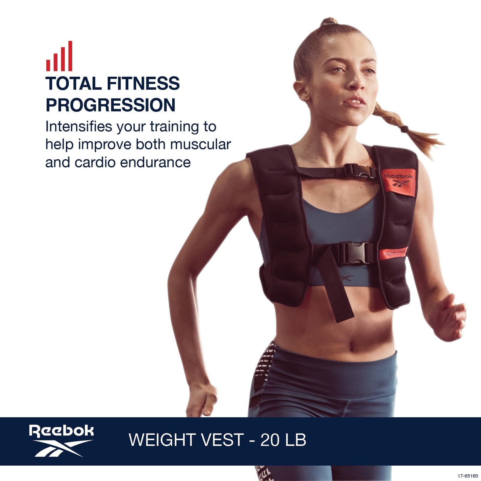 Reebok 20lb adjustable weighted vest for strength training and Crossfit, featuring padded straps and multiple weight pockets.
