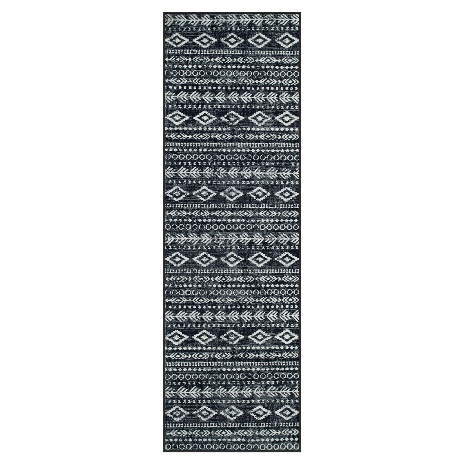 Lahome boho Moroccan hallway runner rug in black and white, washable 2.5x8 feet, with geometric pattern for hallway decor