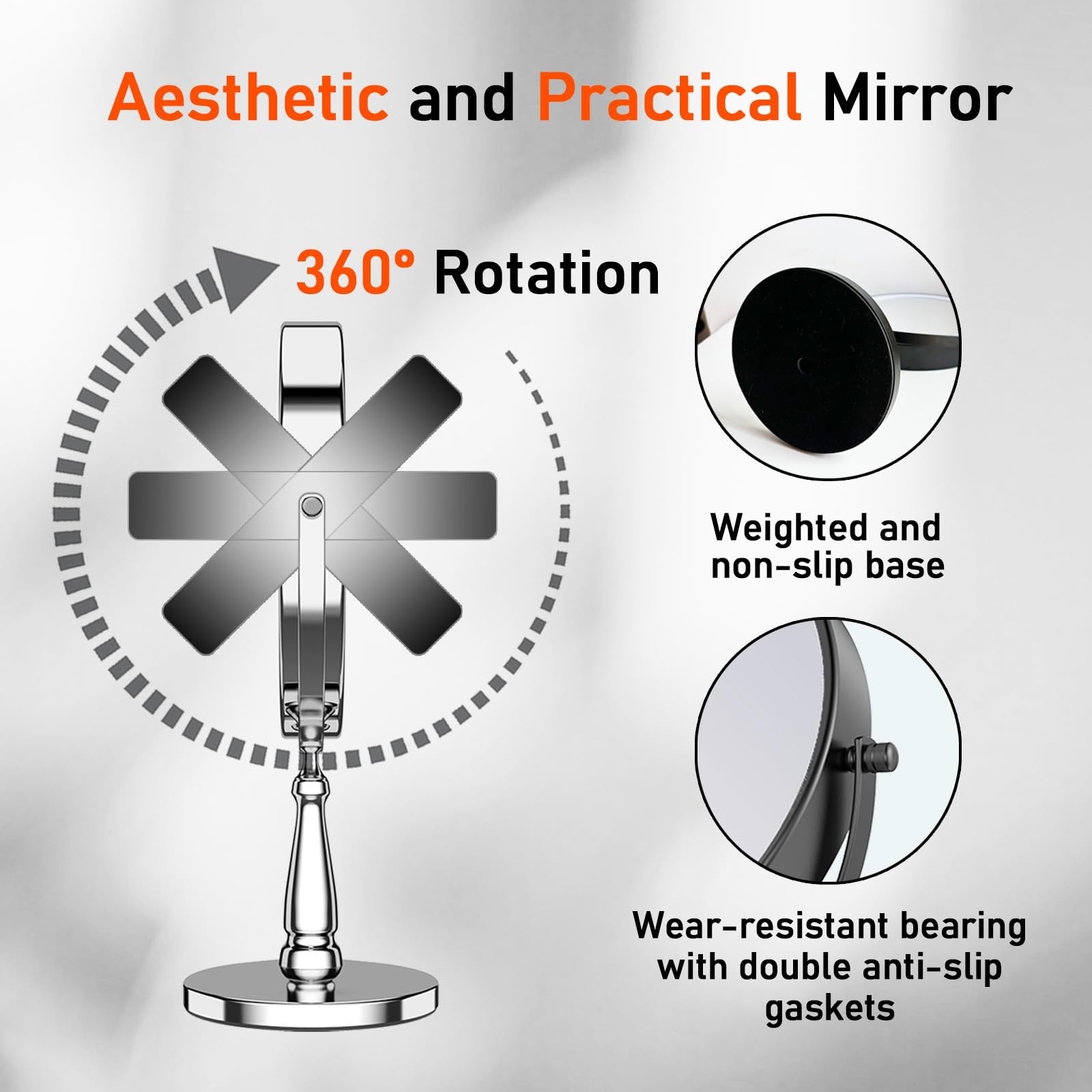 WOOCICA 30x magnifying vanity mirror for women, tabletop makeup mirror with metal frame, showing a close-up of the reflective surface.