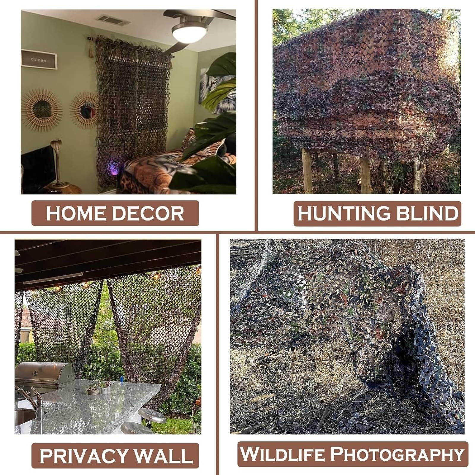 Unbranded camouflage netting mesh for military surplus hunting blinds, featuring green and brown camouflage patterns.