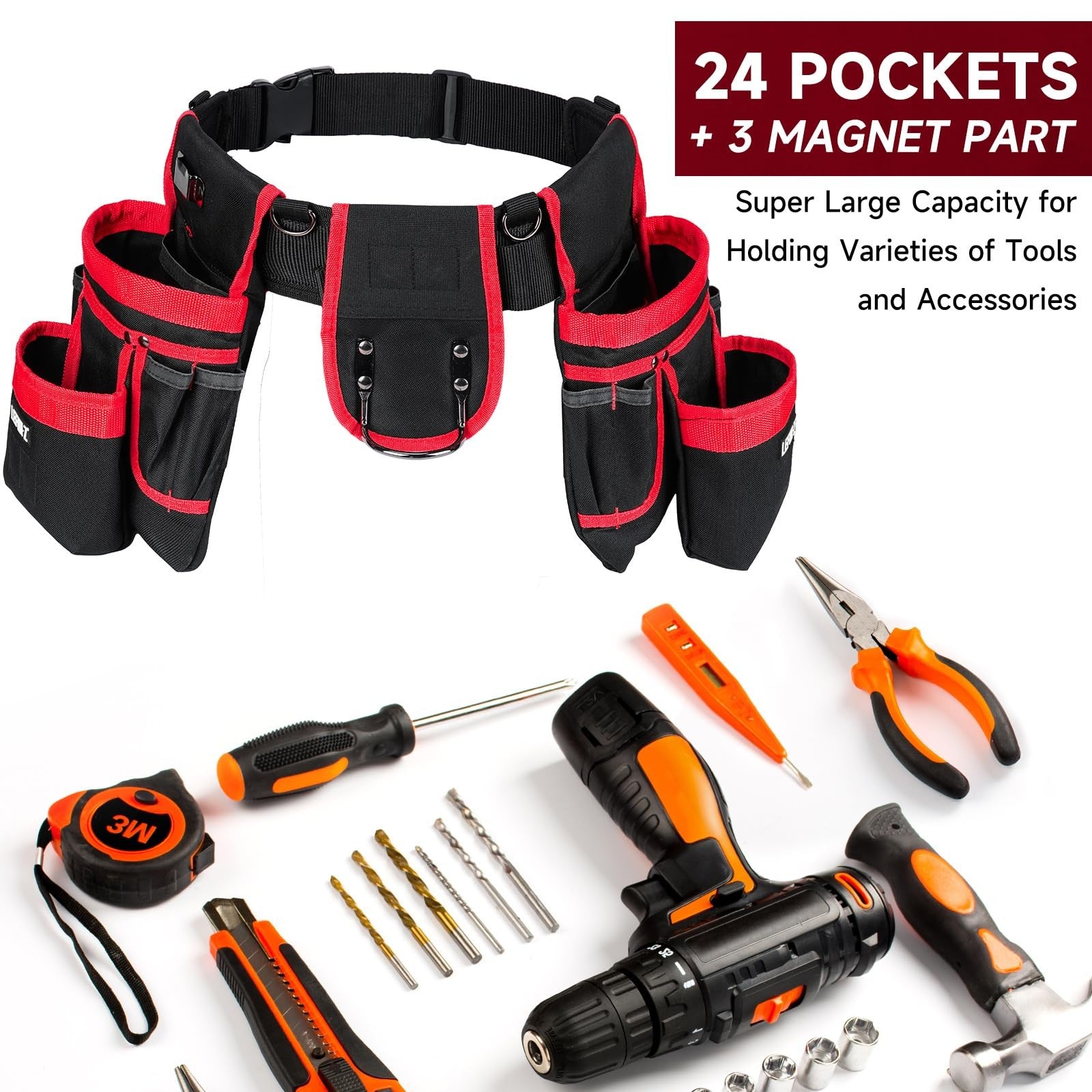 LEFOR·Z heavy-duty tool belt with suspenders and 27 pockets, featuring magnetic tool holders for men, shown with tools and secure fit.