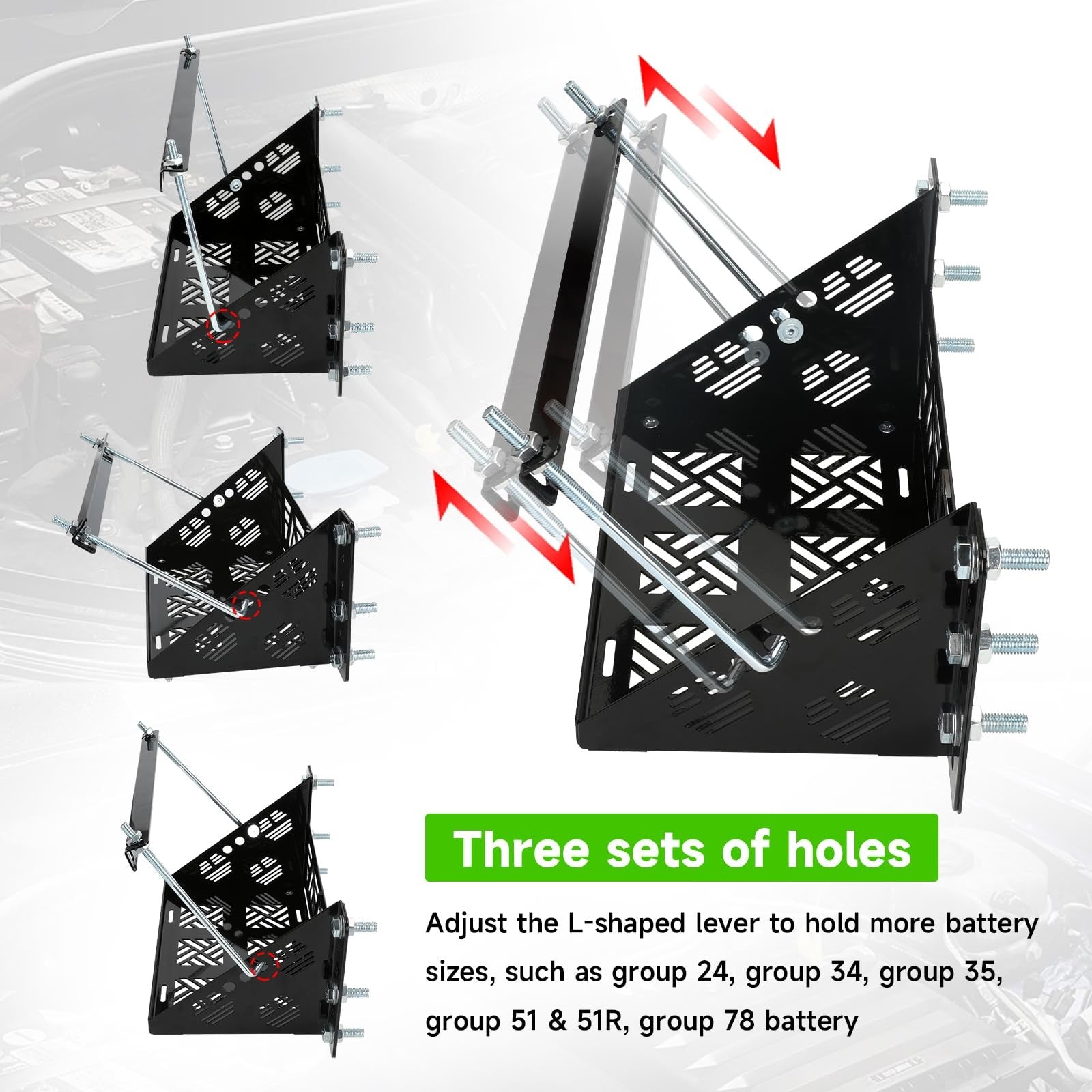 XIKOBY universal battery mounting tray and holder bracket, compatible with various batteries, shown in a close-up view.