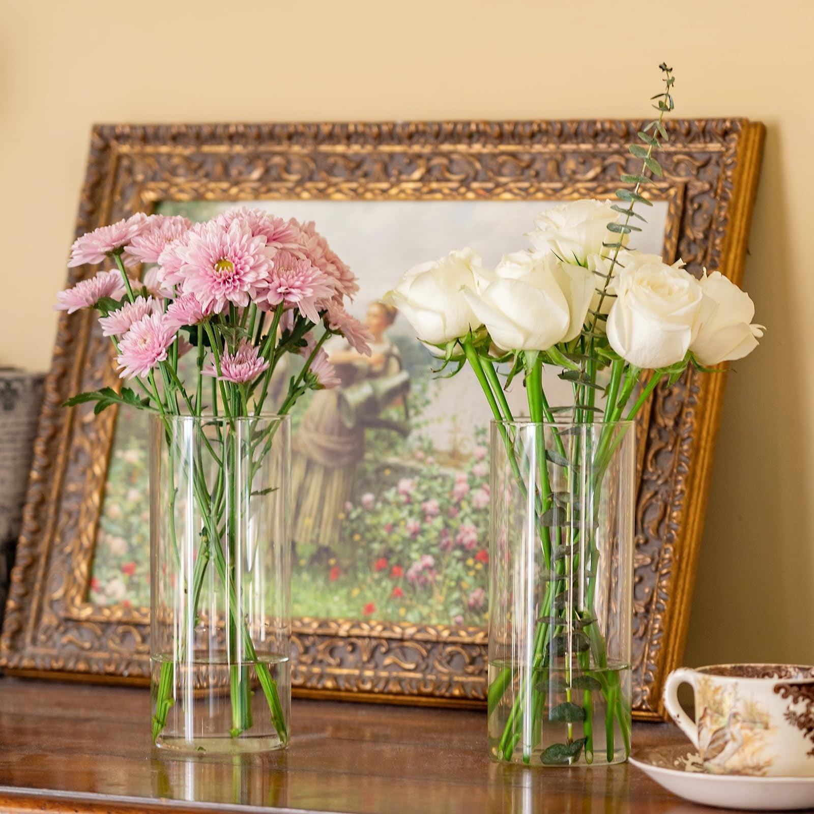 Set of 7 DYMFADFB glass cylinder vases, 8-inch tall, ideal for centerpieces, clear glass design, perfect for floral arrangements.