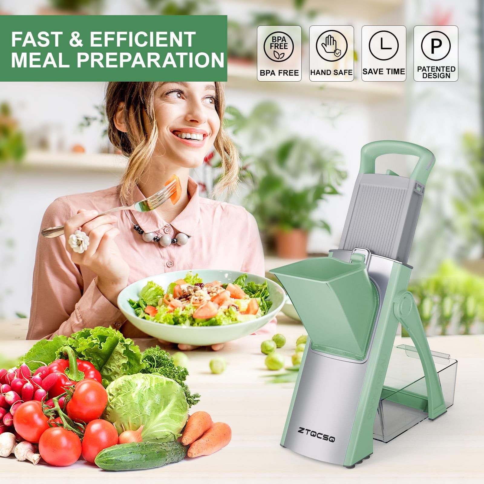 ZTQCSQ All-in-1 upgraded mandoline slicer with adjustable blades, safety features, and stainless steel cutting surface for kitchen use.