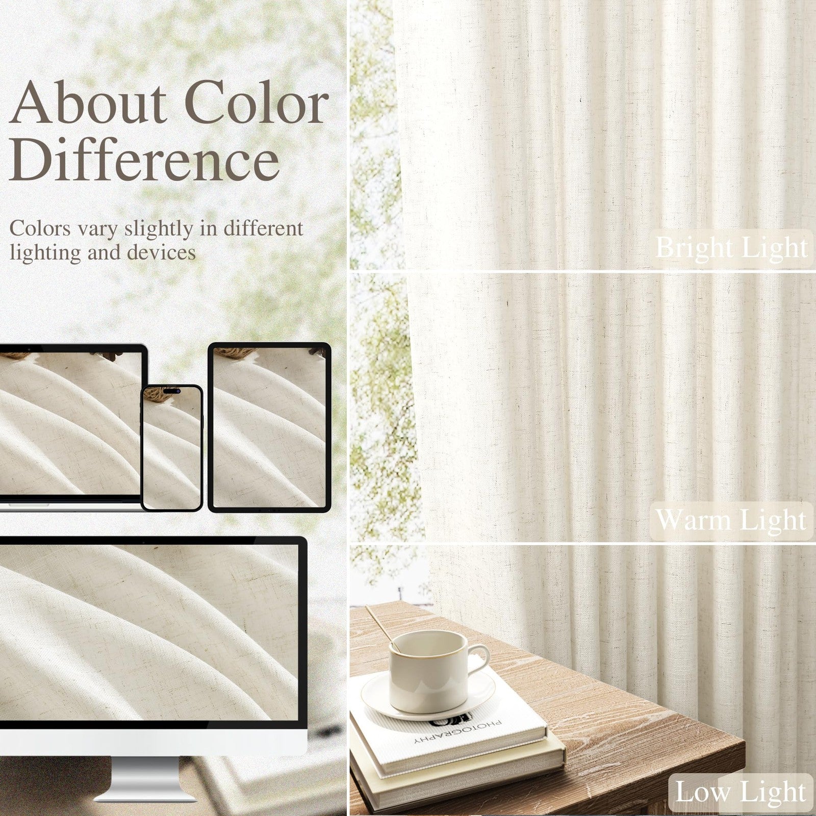 Nanspring extra long linen curtains, 126-inch length, two-panel set for living room window decor. Natural linen fabric and elegant design.