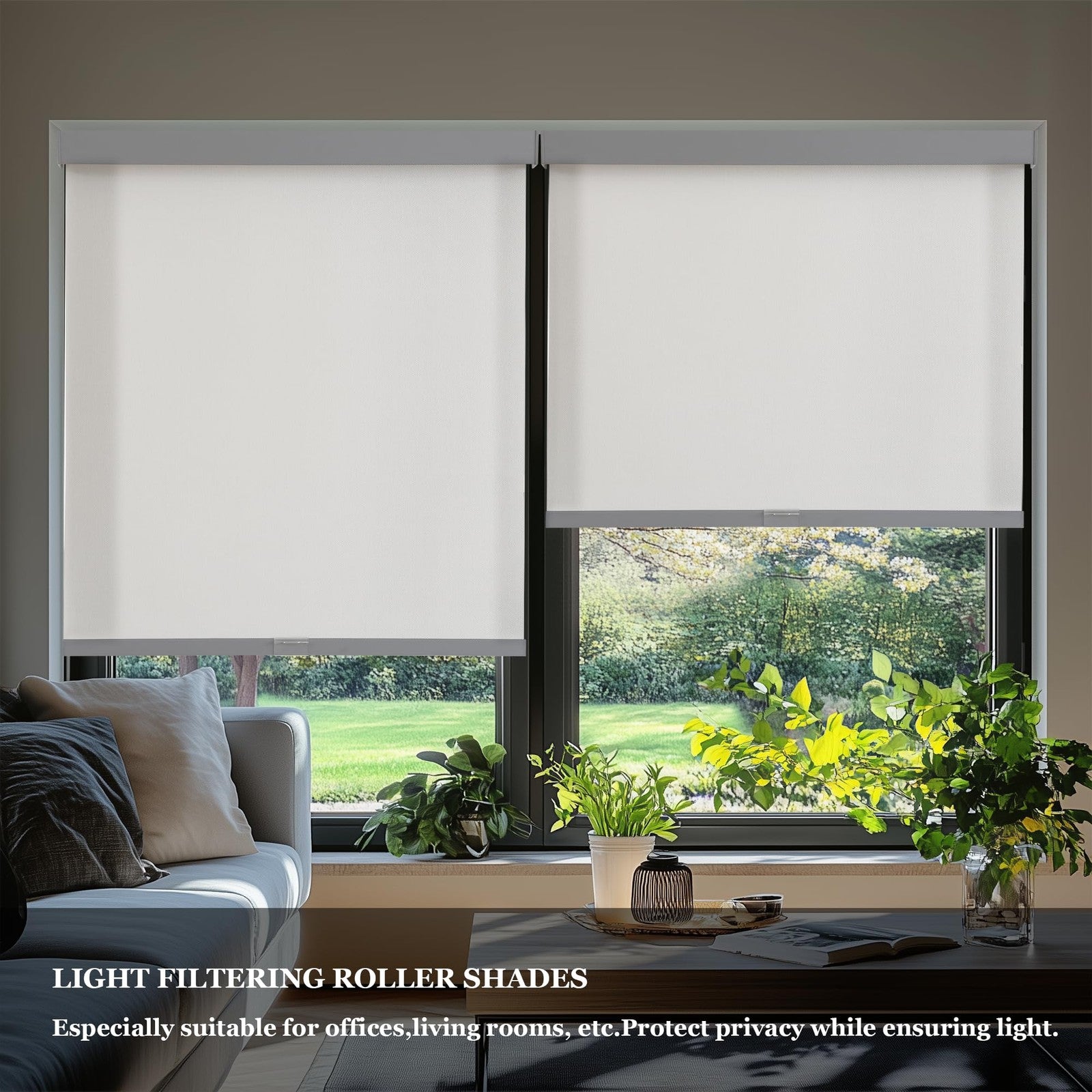 AOSKY grey cordless roller shades with light filtering fabric, measuring 23x72 inches, UV-insulated window blinds.