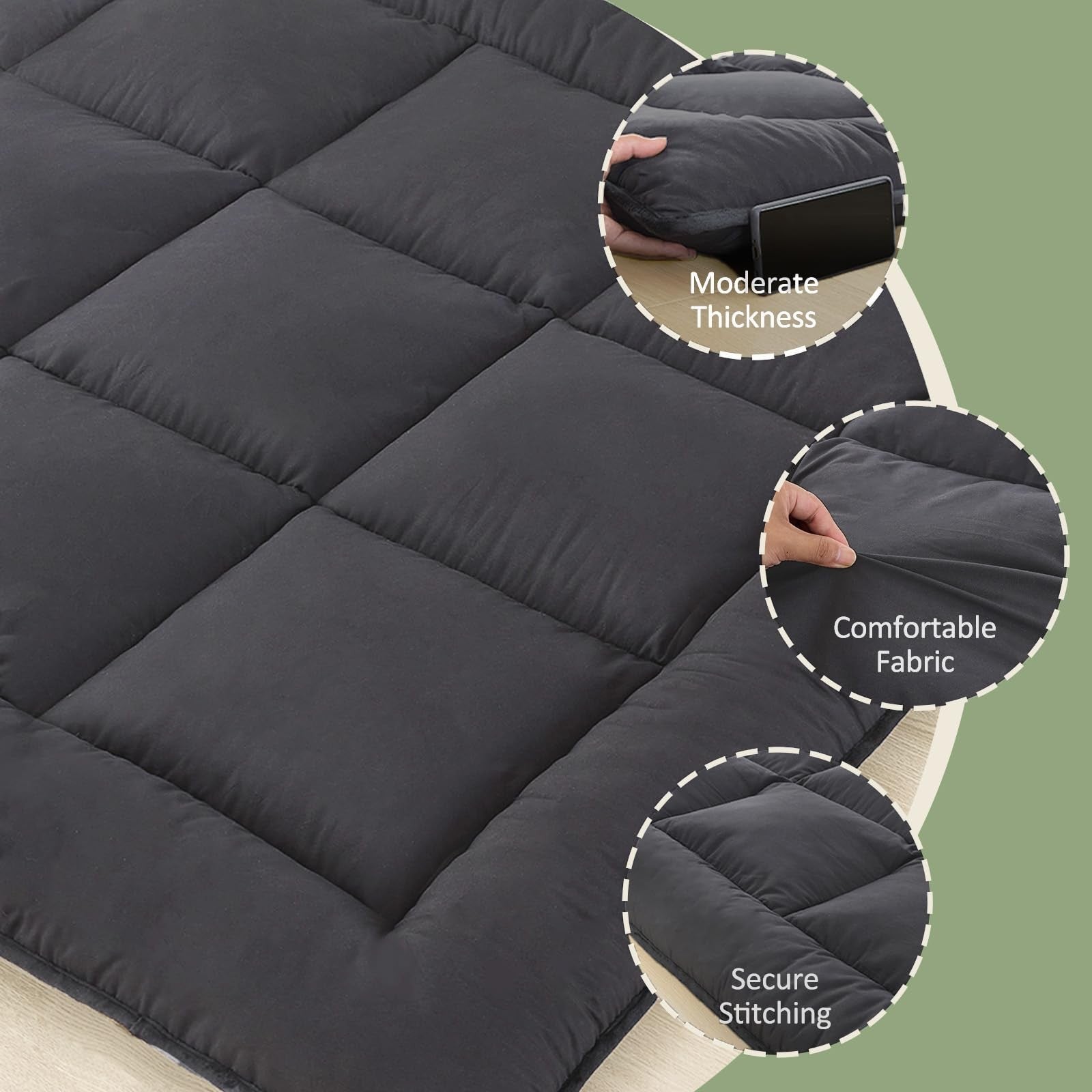 Foldable grey Japanese floor mattress by Shouren, portable roll-up futon mattress suitable for sleeping or lounging.