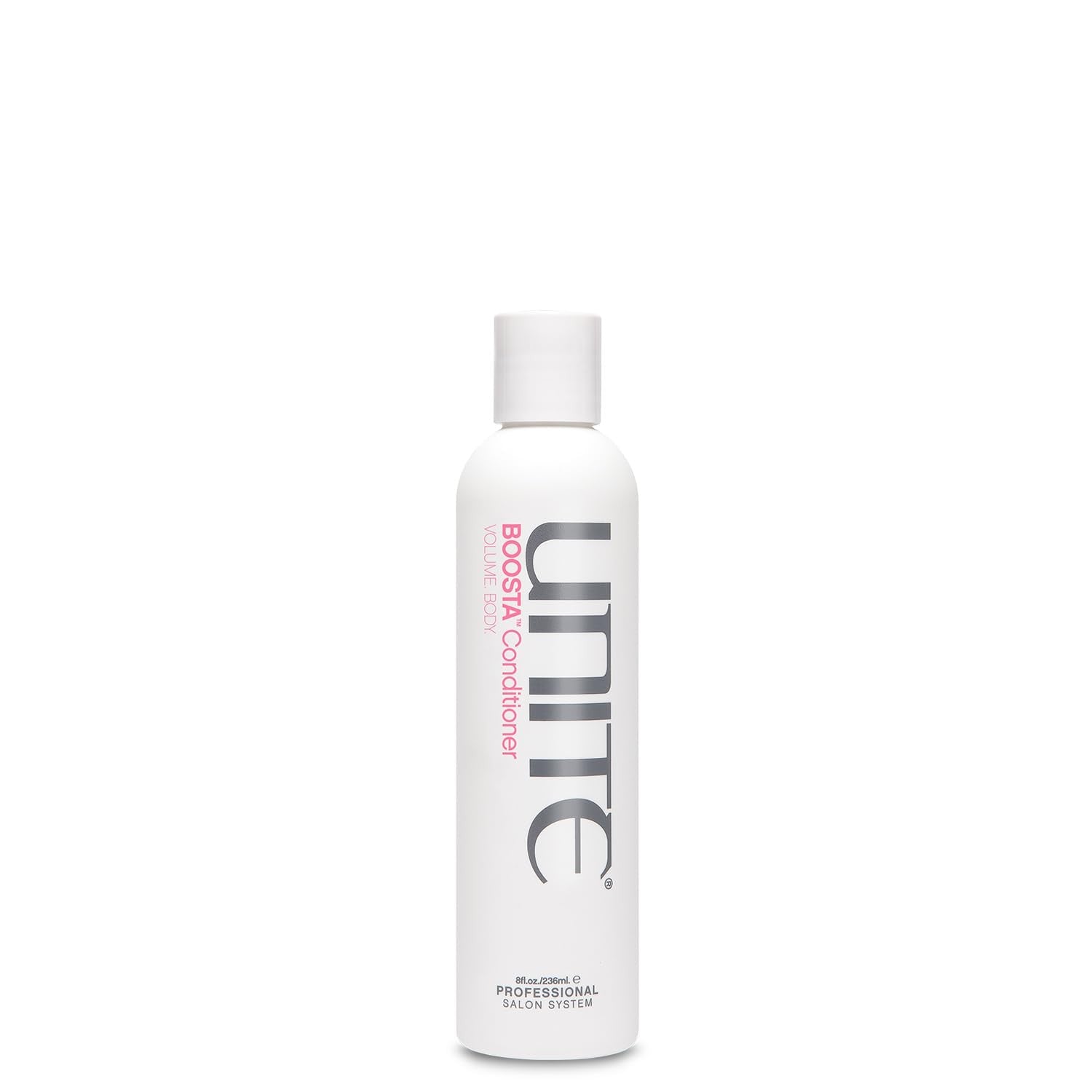 UNITE BOOSTA Conditioner for fine hair, demonstrating volumizing and hydrating properties in a sleek bottle.