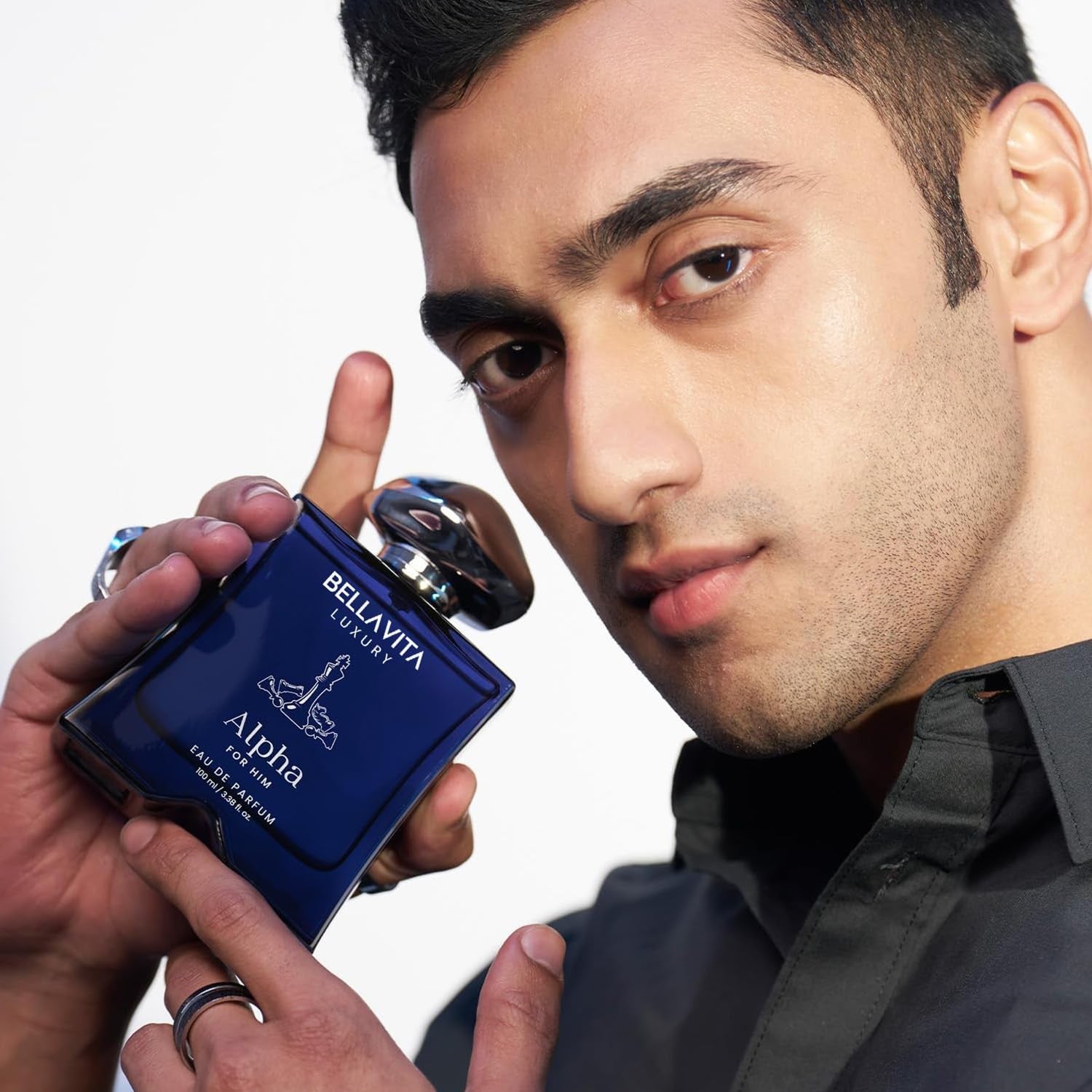 BELLAVITA Alpha Pheromone Inspire Perfume for Men 100ml, luxury mood collection, bottle with sleek design and silver cap.