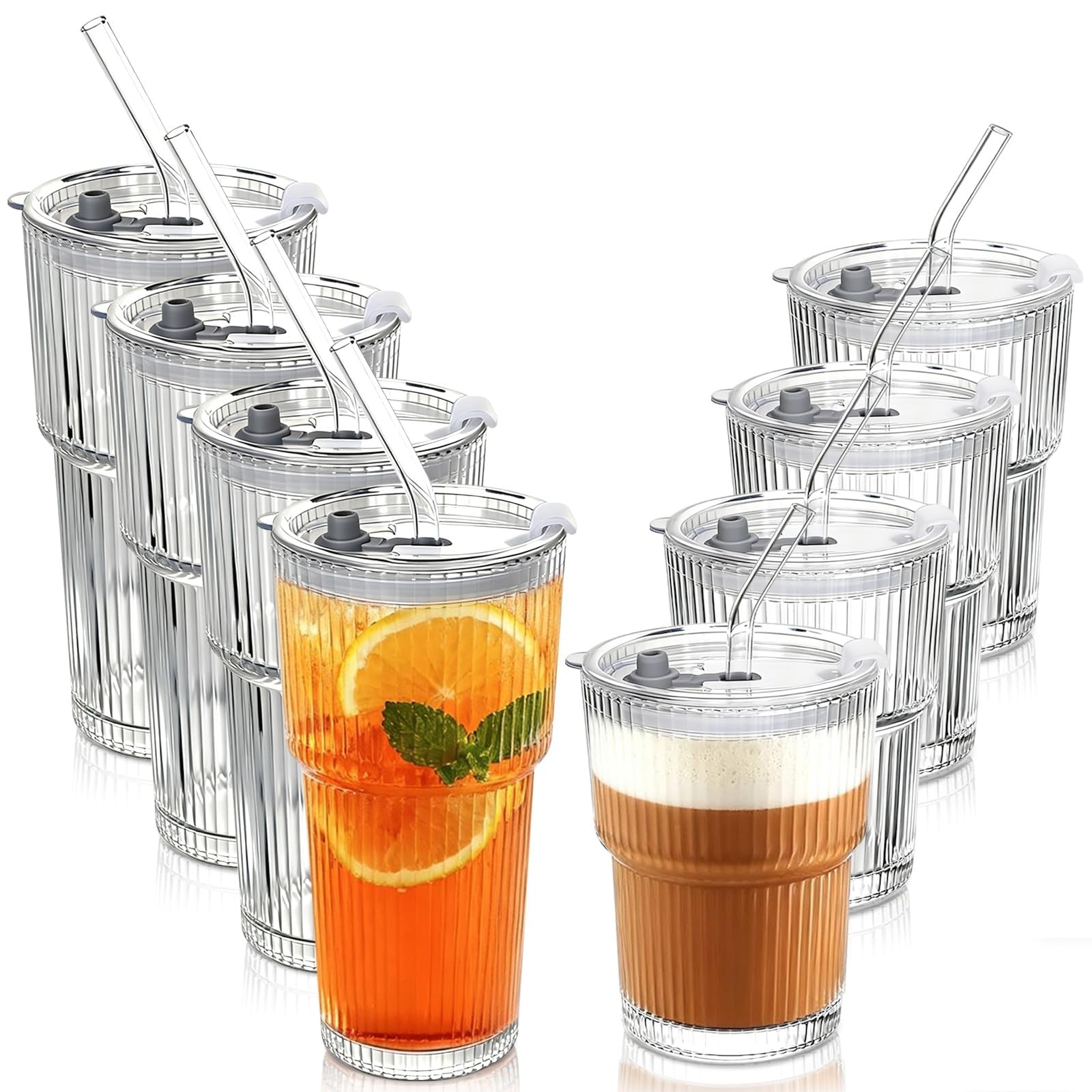 JUNDRUM ribbed glass drinking set with leak-proof lids and straws, 20oz and 15oz sizes, showing textured glass and secure lids