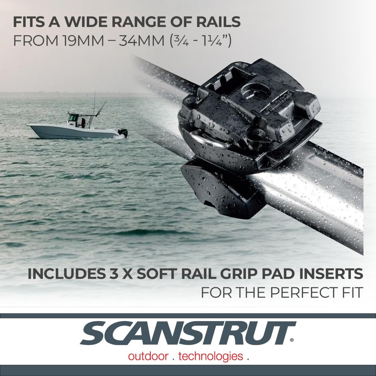 Scanstrut RLS-402 Rokk Mini Rail Mount attached to a boat railing for secure device mounting and navigation equipment.