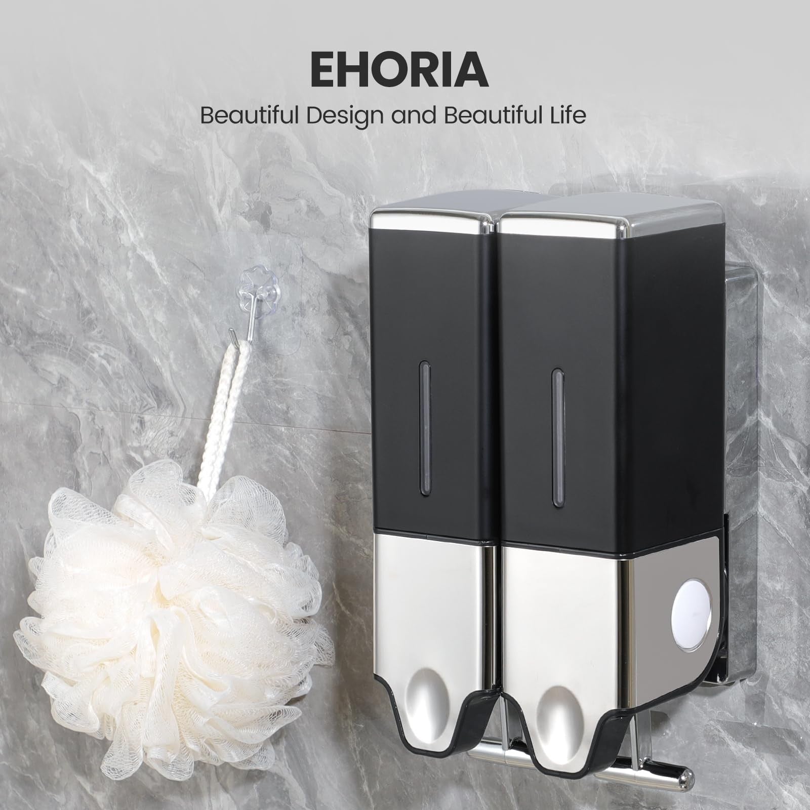 EHORIA 2-in-1 shower dispenser mounted on bathroom wall, holding soap, shampoo, and conditioner bottles.