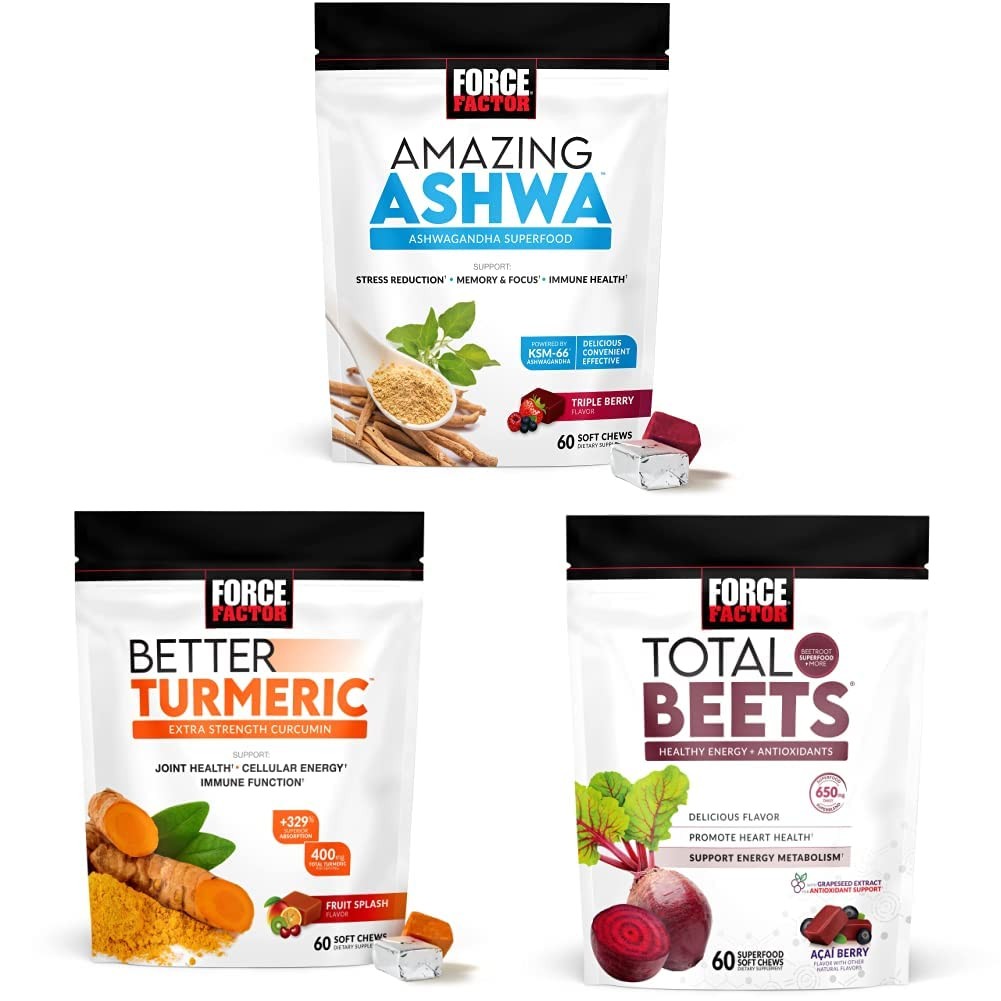 Force Factor Amazing Ashwa and Turmeric joint support supplement with stress relief ingredients, shown in a clear supplement bottle.