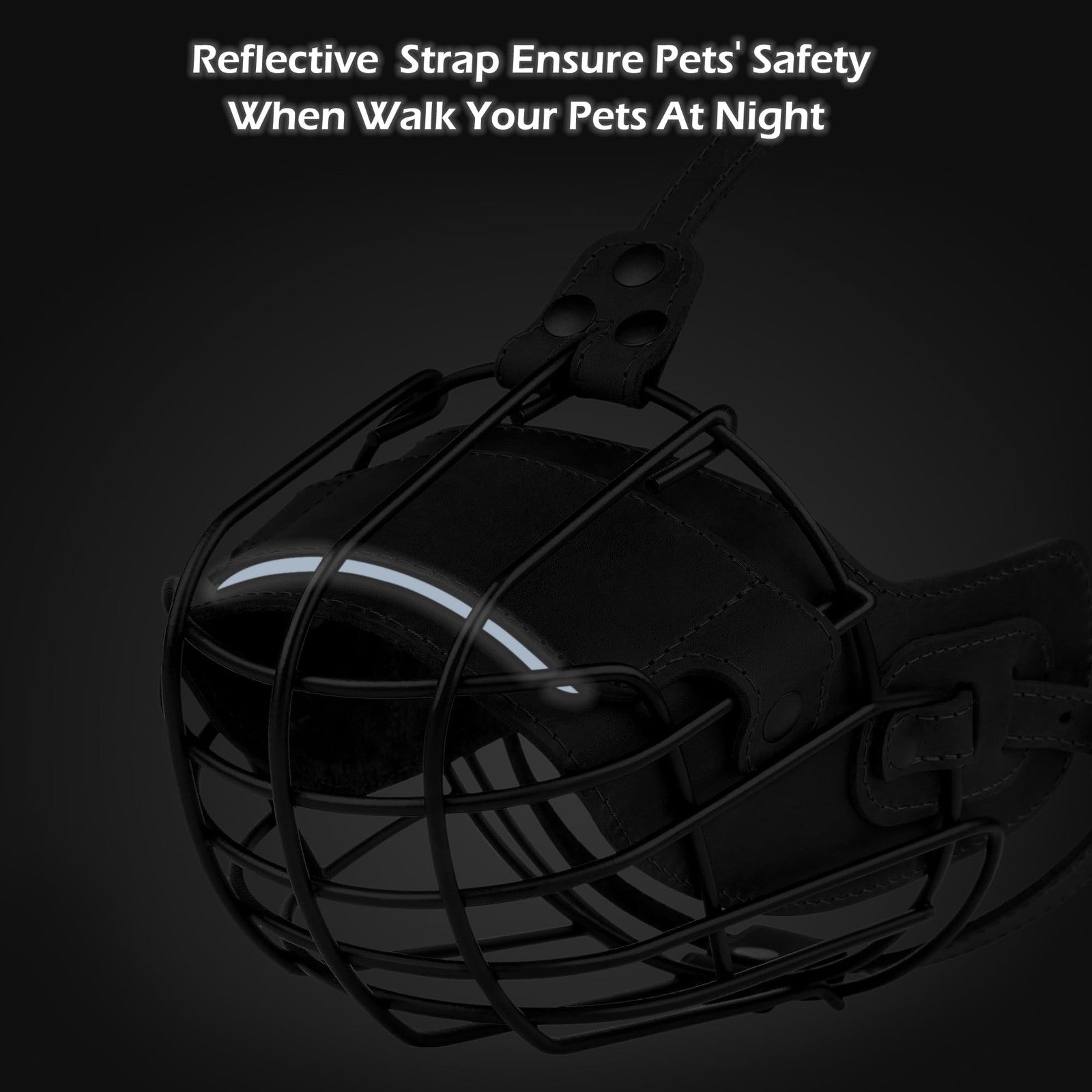 OOPSDOGGY metal Pitbull dog muzzle with reflective leather strap and secure wire basket for safety and control.