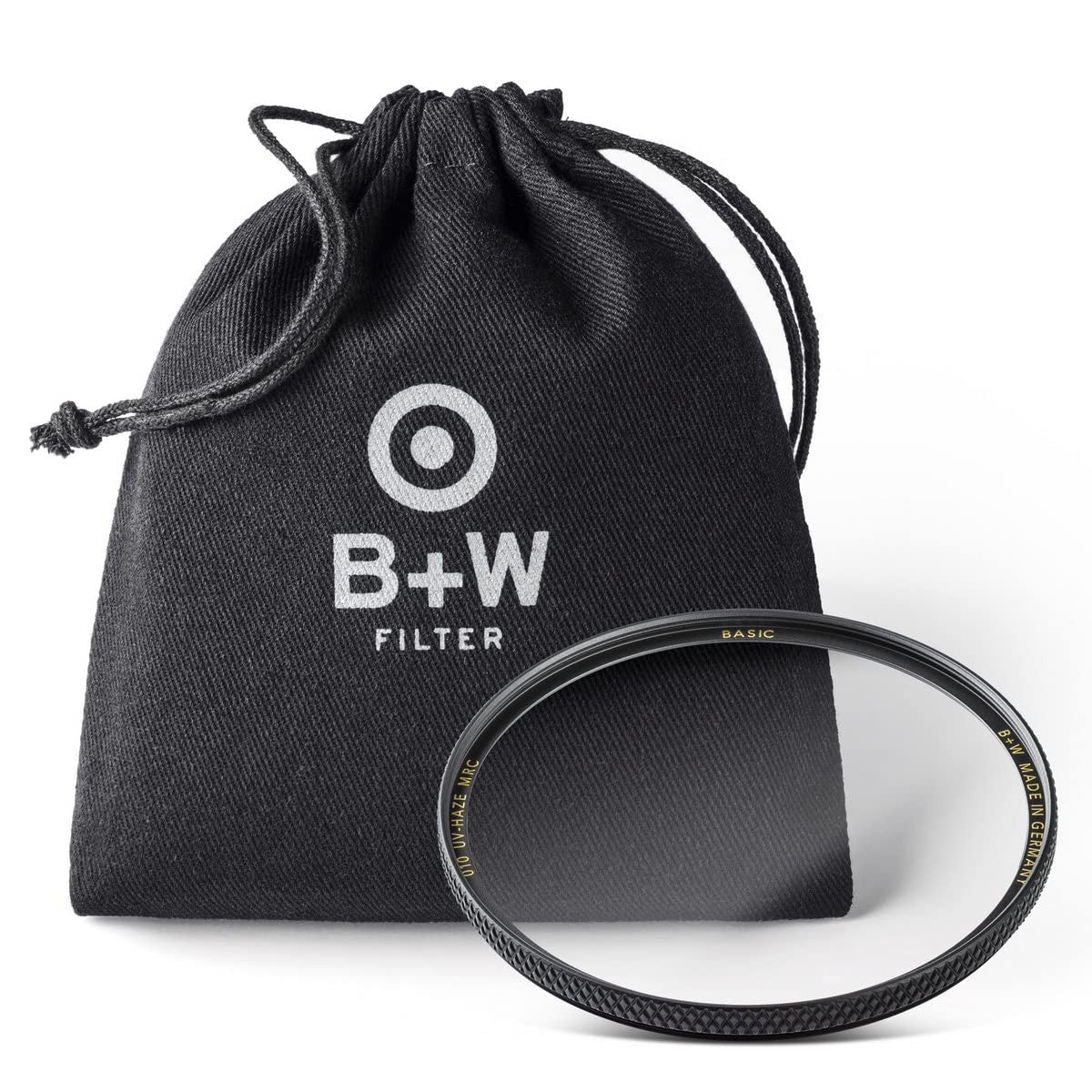 B+W 52mm UV Haze MRC 010M glass filter showing clear, coated optical glass with filter rim and branding details.
