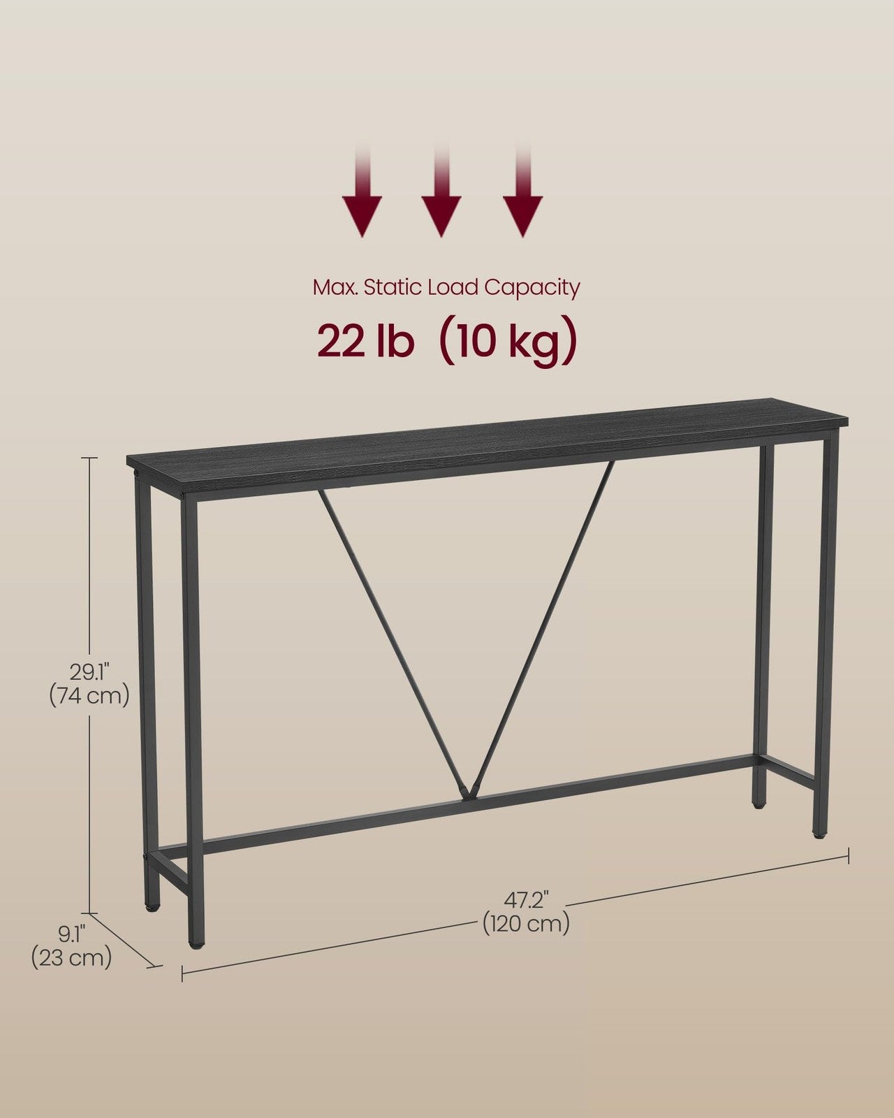 VASAGLE console sofa table with narrow design, natural wood finish, ideal for entryway, living room, or bedroom decor.