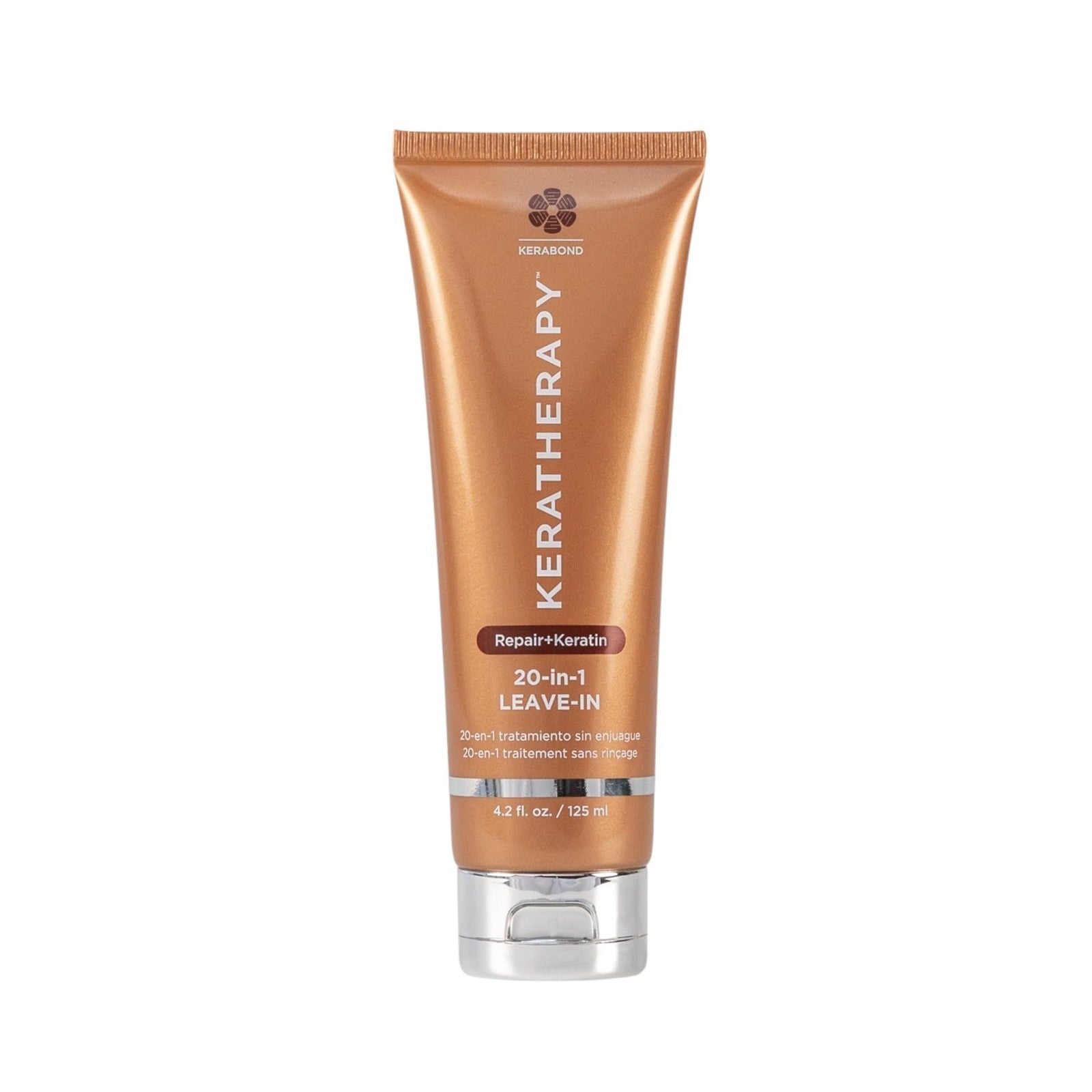Keratherapy KeratinFIXX 20-in-1 leave-in treatment in a 4.2 fl oz bottle, featuring sleek packaging and a pump dispenser.